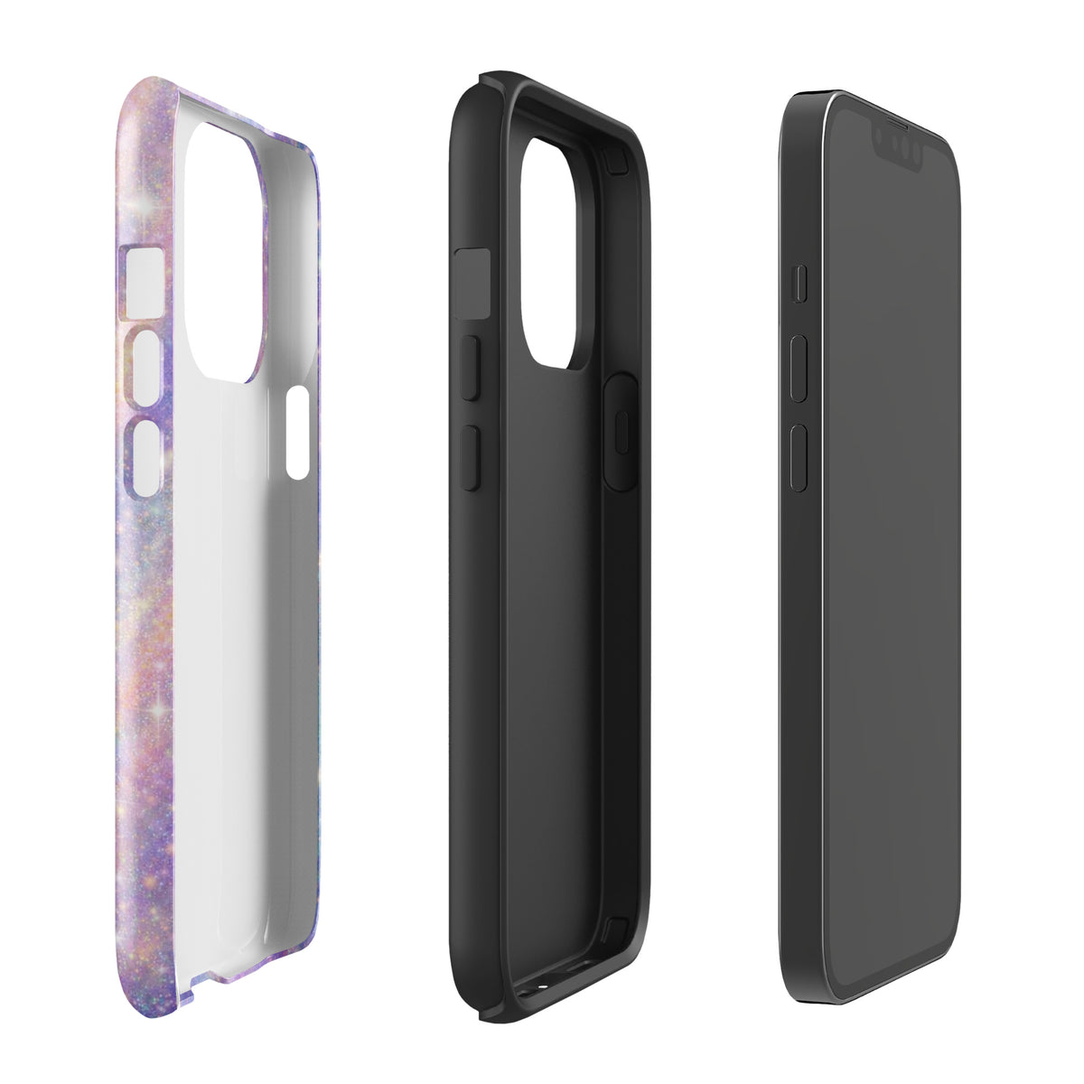 Phone Case for iPhone with cosmic dream swirl design in pastels and sparkles, showcasing side and back views.