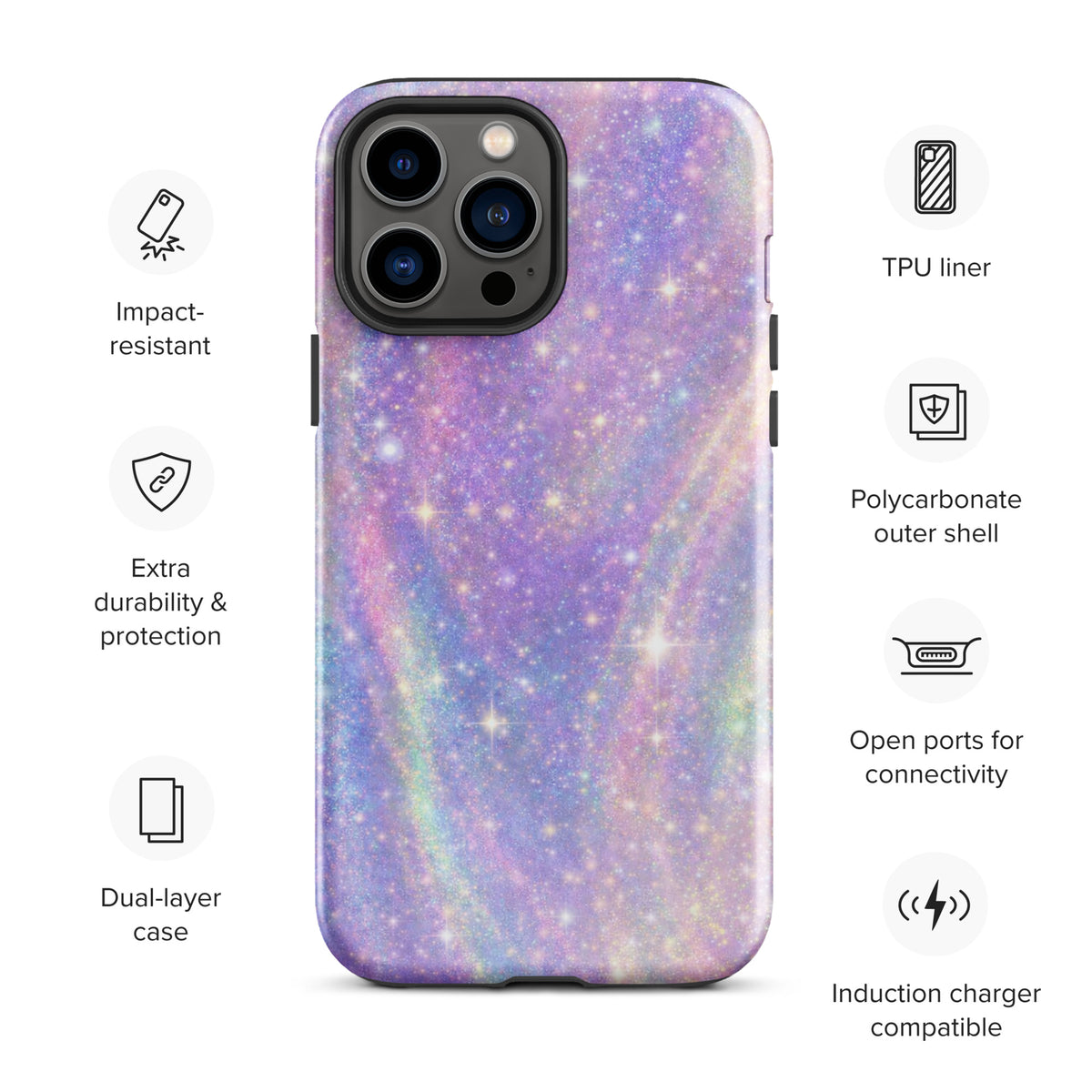 Phone Case for iPhone - Cosmic Dream Swirl with pastel galaxy design, impact-resistant, dual-layer protection, open ports, and TPU liner.