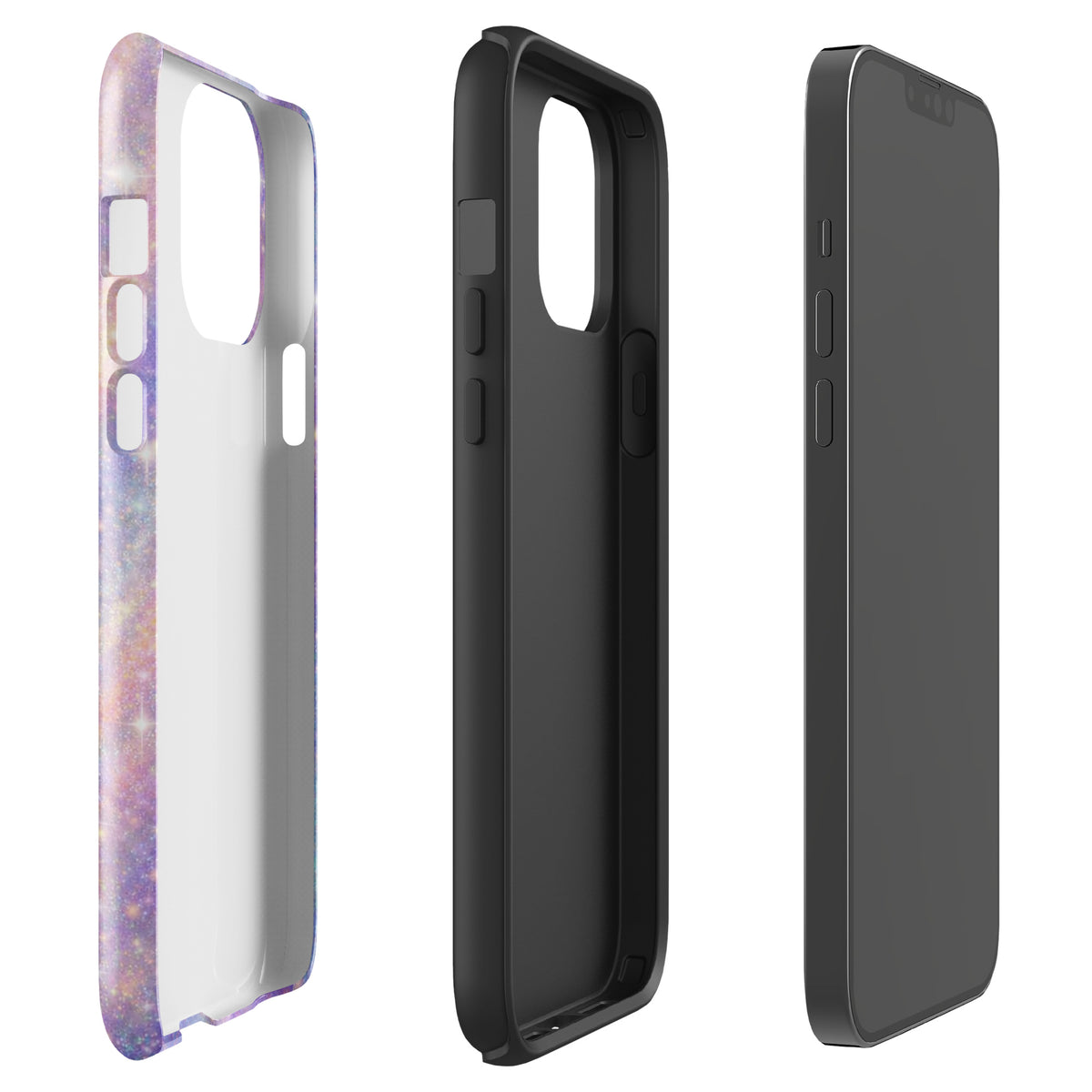 Phone Case for iPhone with Cosmic Dream Swirl design featuring pastel colors and golden sparkles, front and side view.