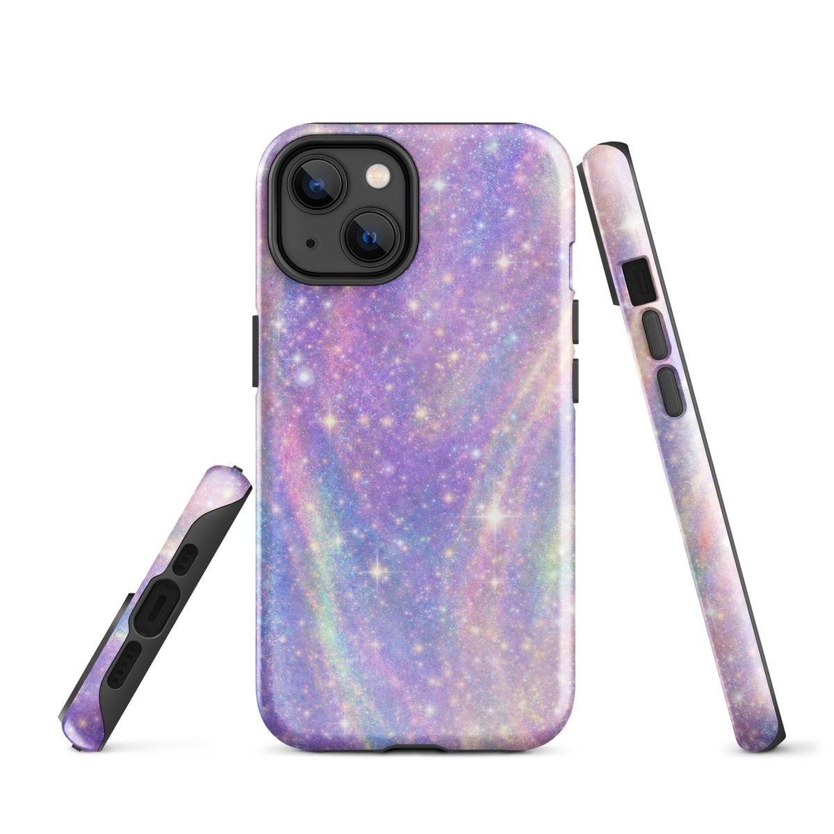 Phone Case for iPhone with Cosmic Dream Swirl design in pastel purple, pink, and blue with golden sparkles, showing front and sides.