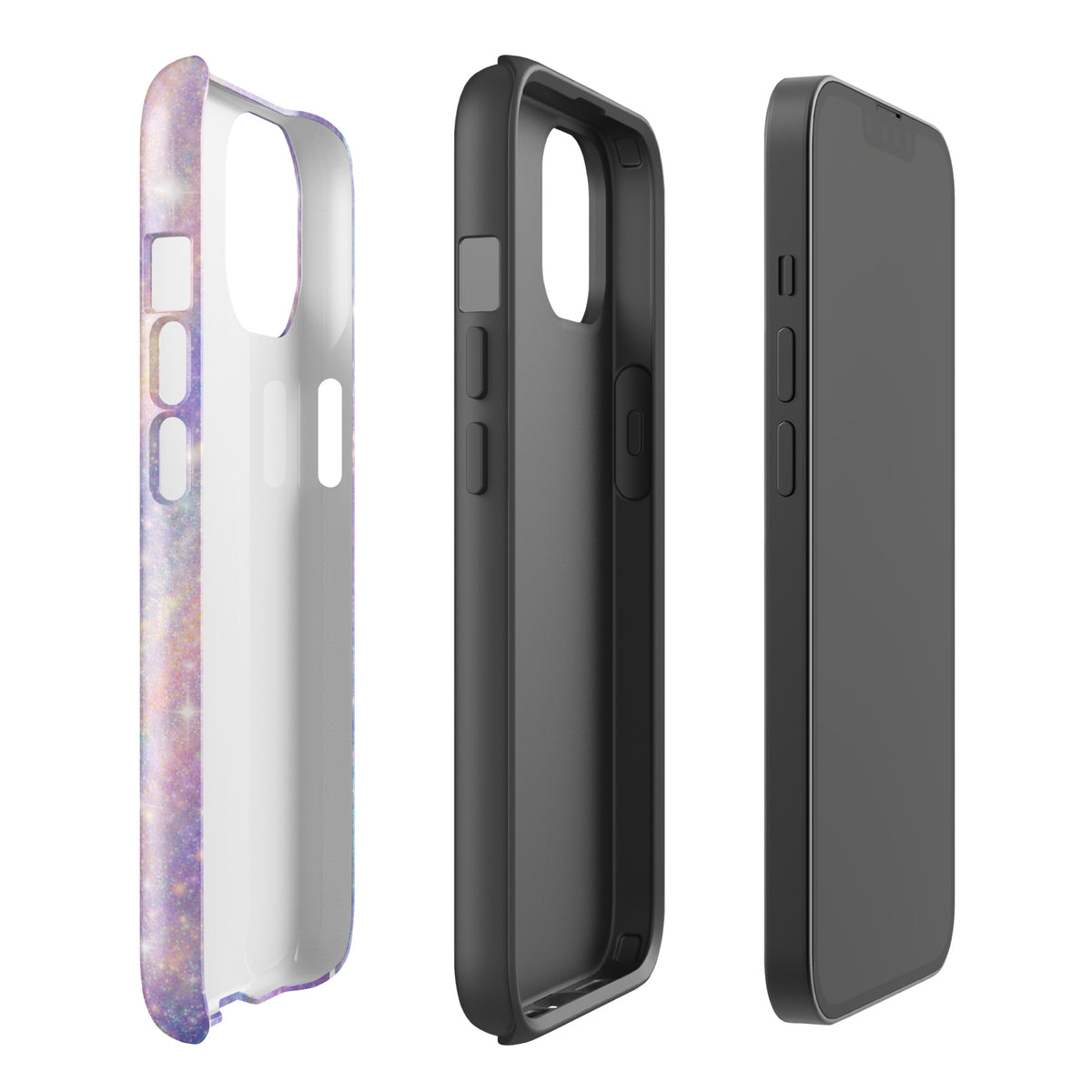 Phone Case for iPhone - Cosmic Dream Swirl design with pastel purple, pink, and blue galaxy pattern and golden sparkles.