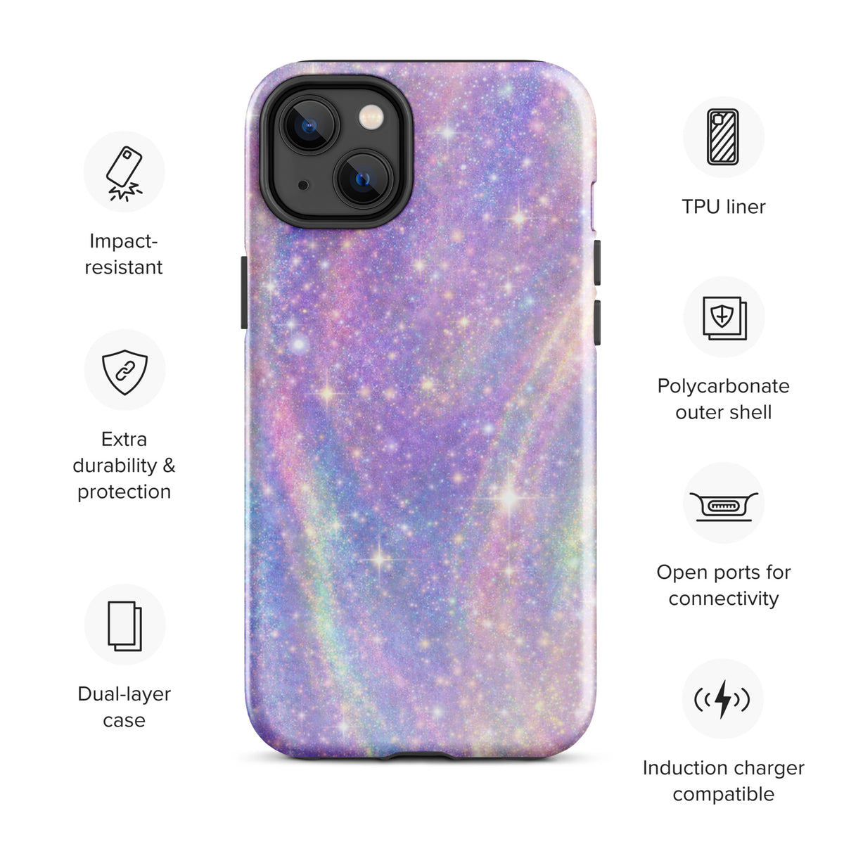 Phone Case for iPhone with cosmic dream swirl design in pastel purples, pinks, and blues, featuring golden sparkles and impact-resistant materials.
