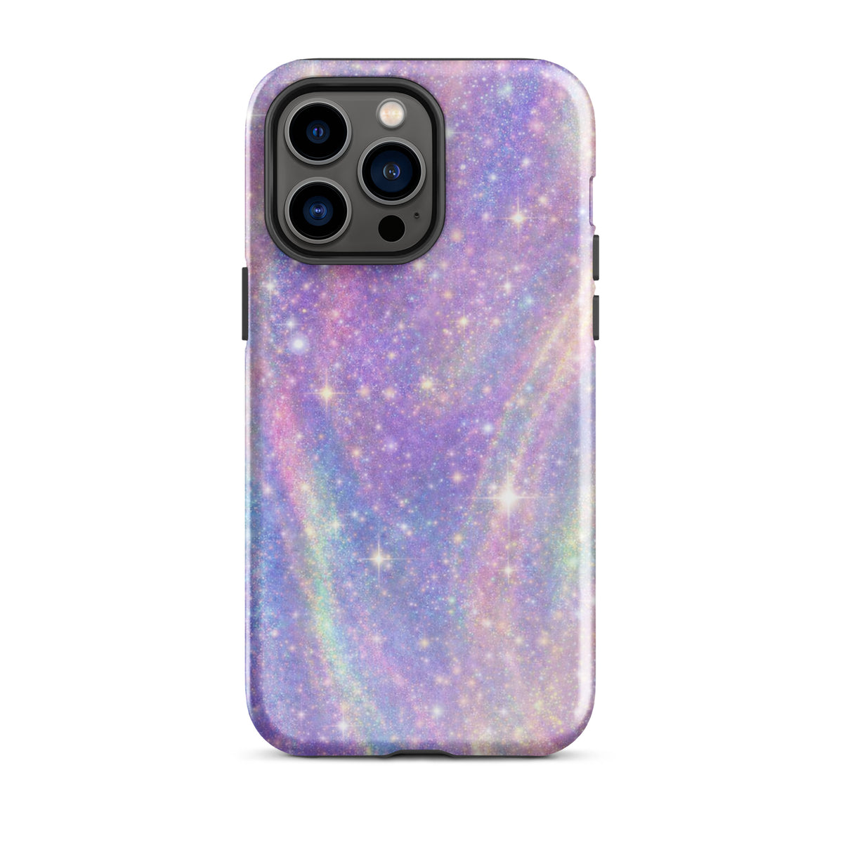 Phone Case for iPhone with cosmic dream swirl design in pastel purples, pinks, blues, and golden sparkles, resembling a tiny galaxy.