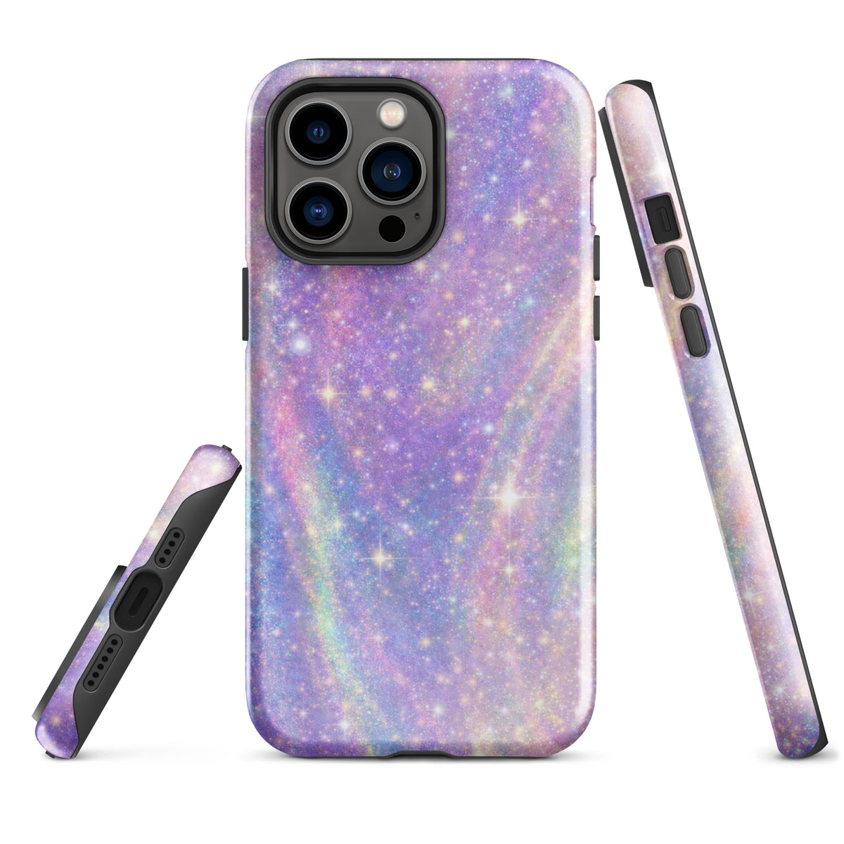 Phone Case for iPhone with cosmic pastel swirl design featuring purples, pinks, blues, and golden sparkles.