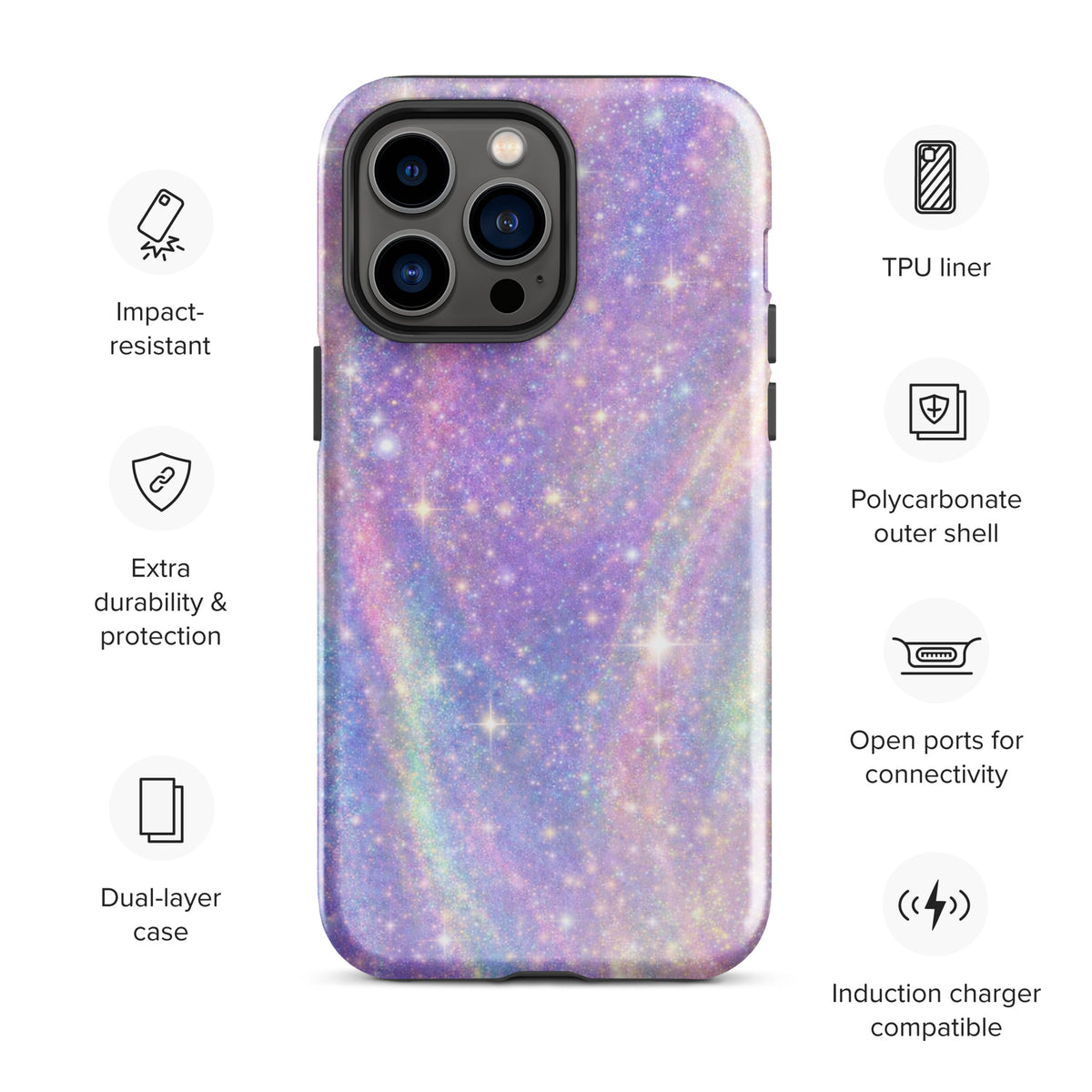 Phone Case for iPhone - Cosmic Dream Swirl design with pastel purples, blues, and golden sparkles, impact-resistant and dual-layer protection.