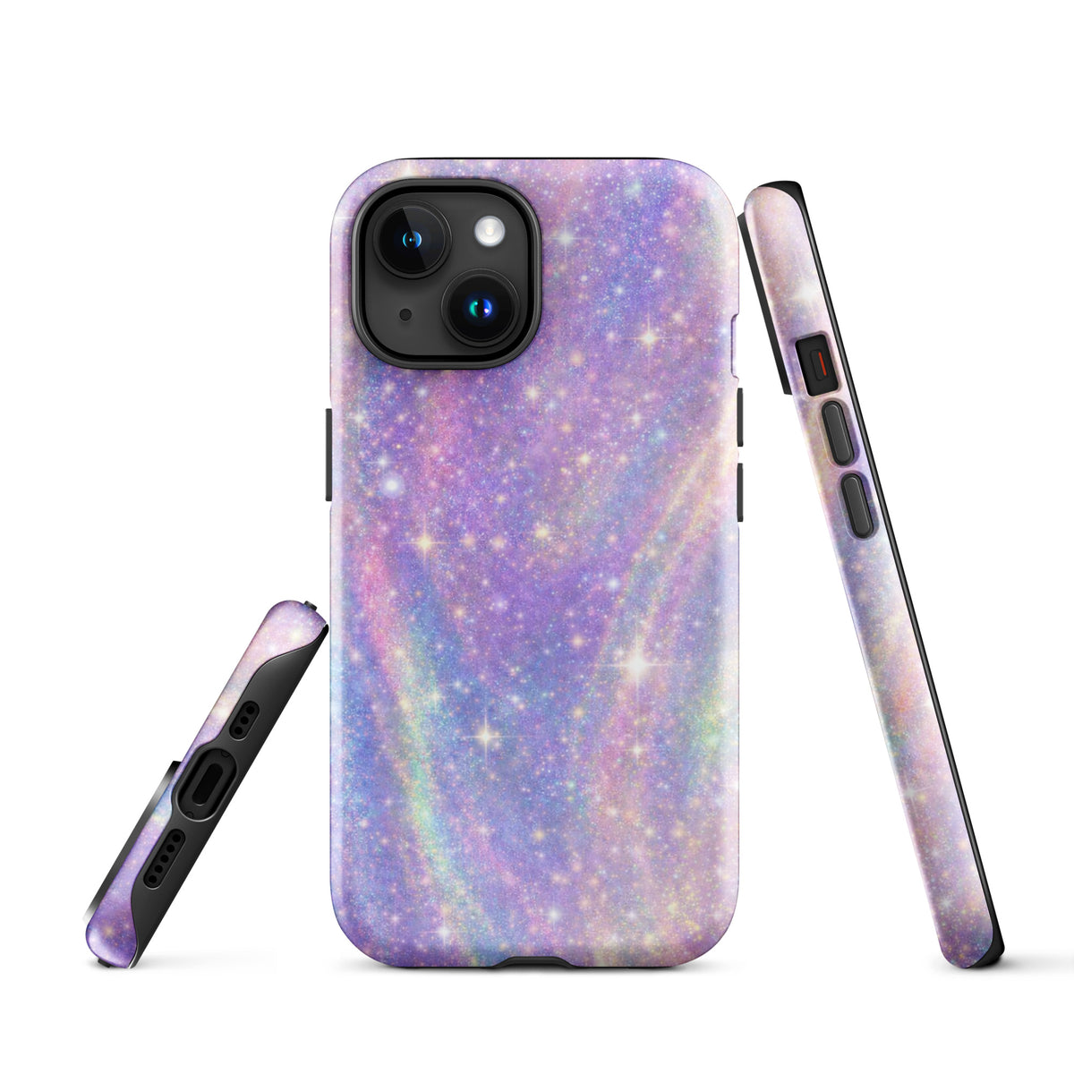 Phone Case for iPhone with Cosmic Dream Swirl design in pastel purples, pinks, blues, and golden sparkles, resembling a tiny galaxy.