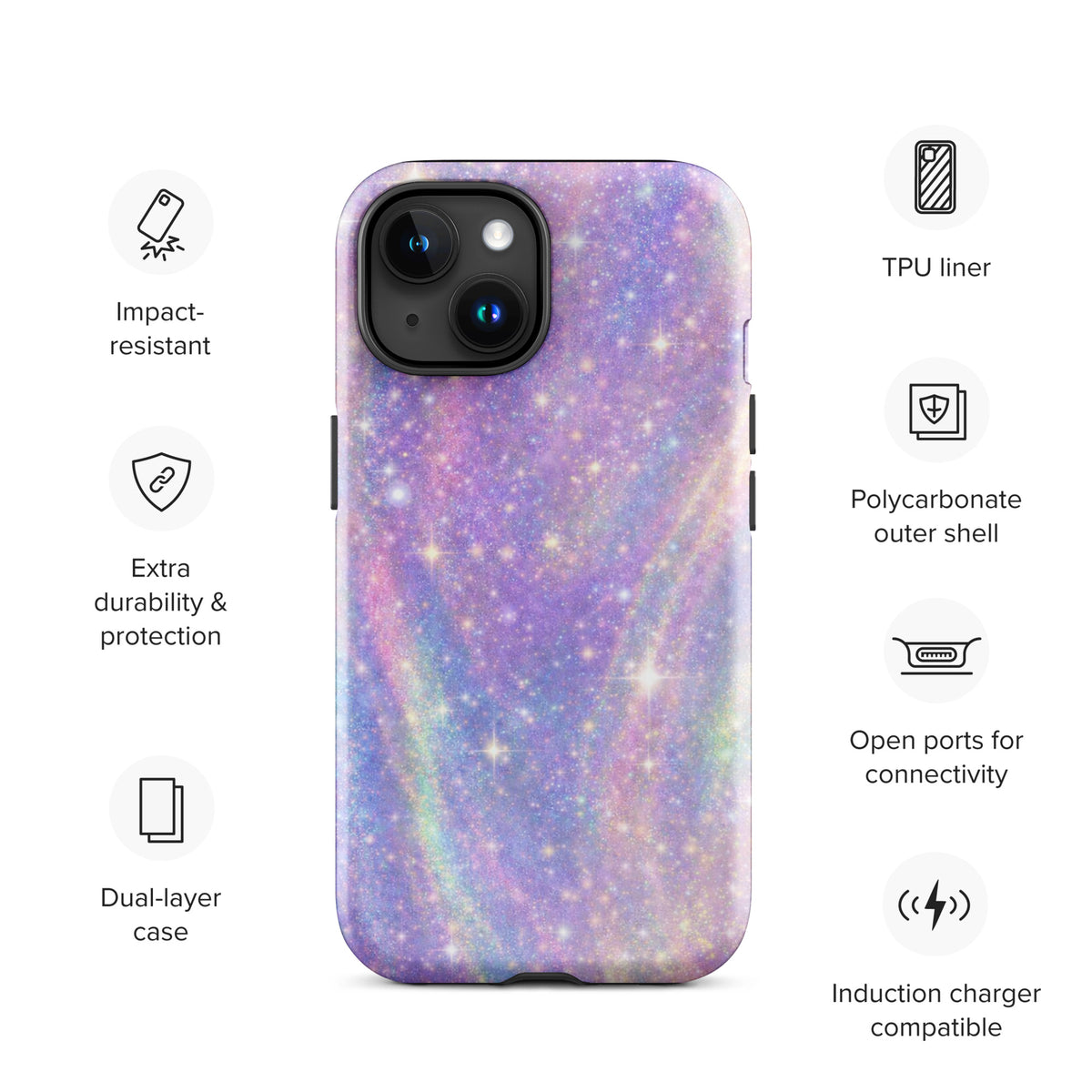 Phone Case for iPhone with cosmic dream swirl design, featuring pastel purples, pinks, blues, and golden sparkles for a dreamy look.