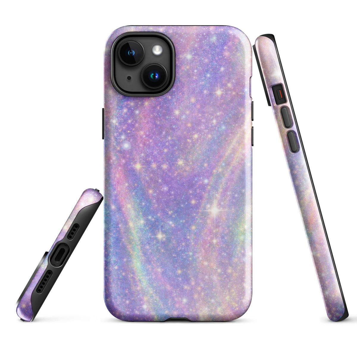 Phone Case for iPhone in Cosmic Dream Swirl design with pastel purples, pinks, blues, and golden sparkles - side and back views