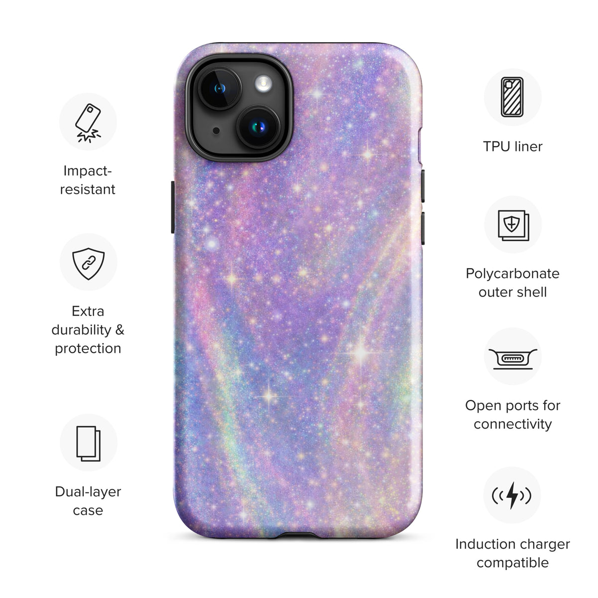 Phone Case for iPhone - Cosmic Dream Swirl in pastel galaxy design with durability features including TPU liner and polycarbonate shell.