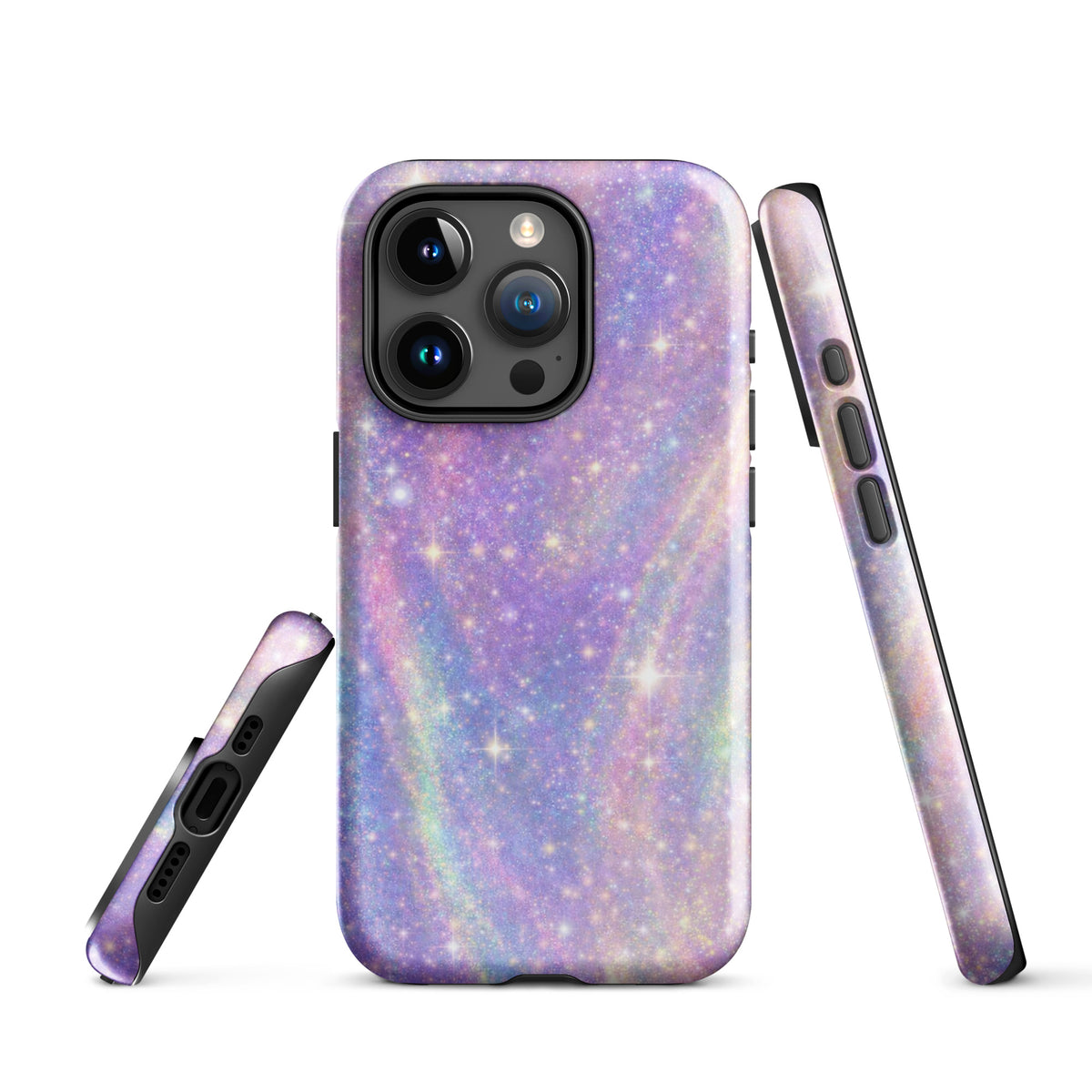 Phone Case for iPhone featuring Cosmic Dream Swirl design with pastel purples, pinks, blues, and golden sparkles