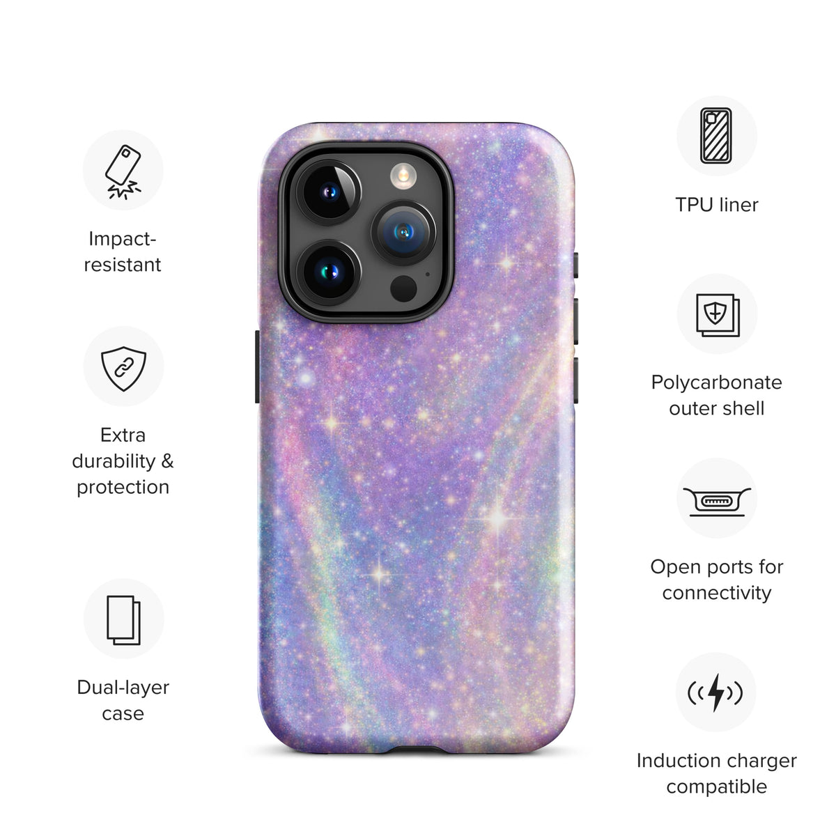 Phone Case for iPhone with cosmic dream swirl design featuring pastel purples, pinks, blues, and golden sparkles, impact-resistant case.