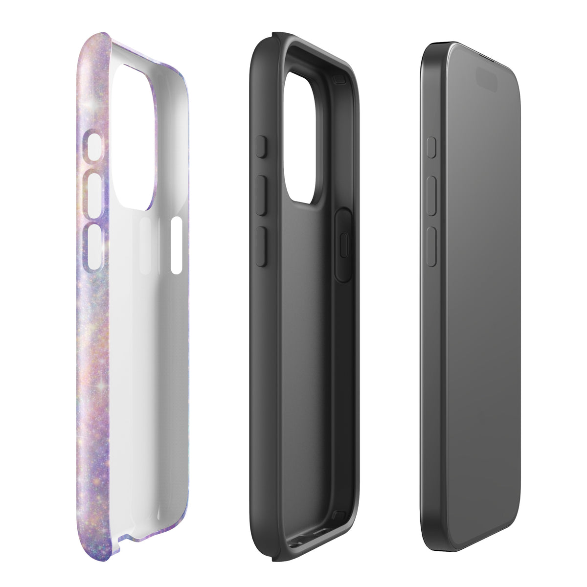 Phone Case for iPhone - Cosmic Dream Swirl in pastel purples, pinks, and blues with golden sparkles, shown in three views.