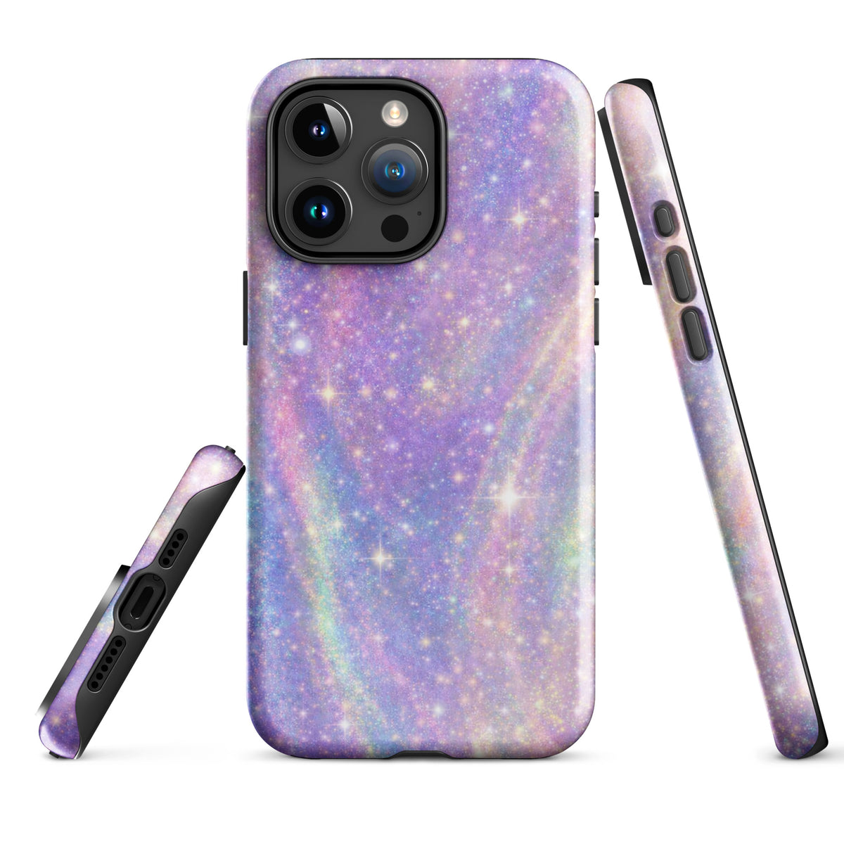 Phone Case for iPhone with cosmic dream swirl design in pastel purples, pinks, blues, and golden sparkles.