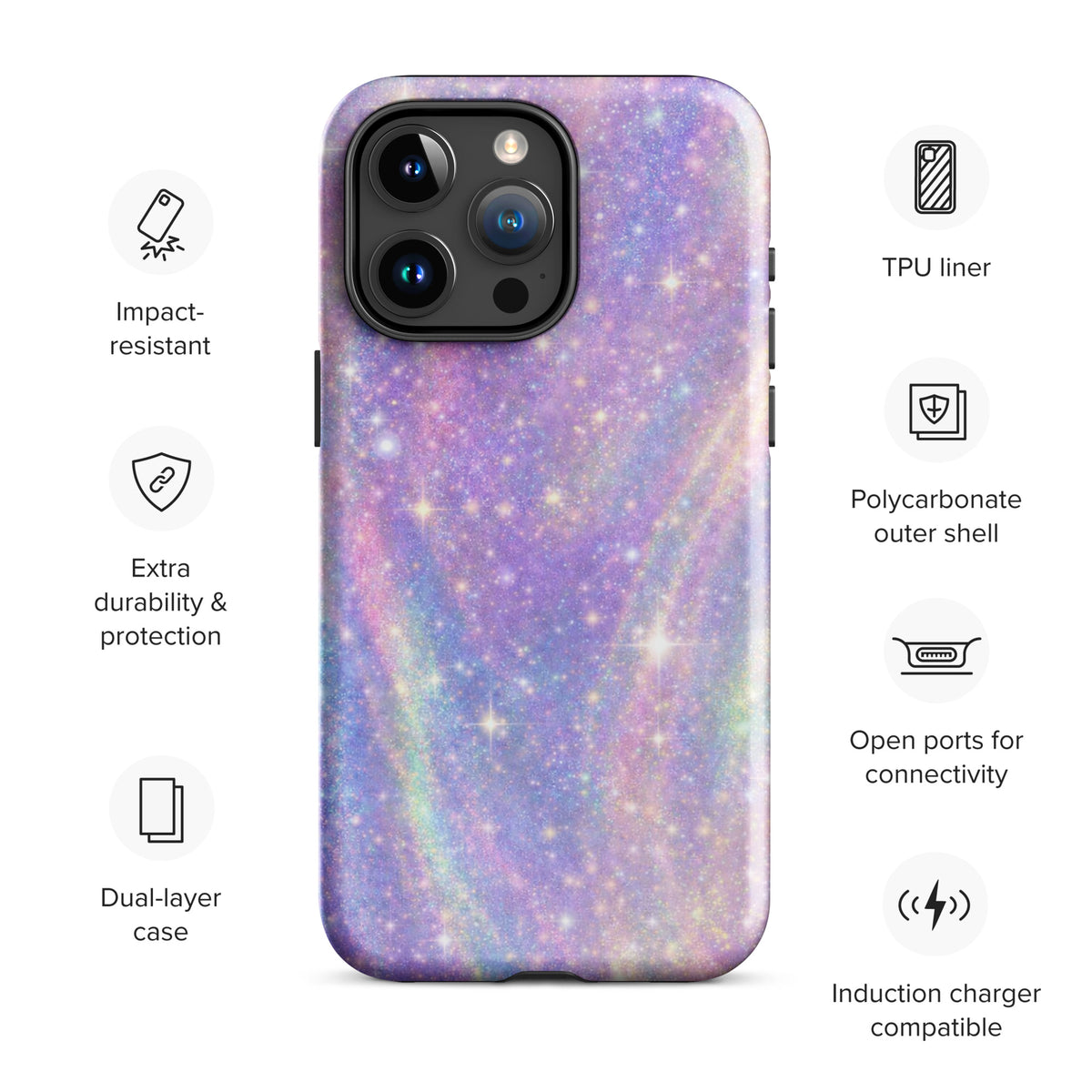 Phone Case for iPhone with cosmic dream swirl design in pastel purples, pinks, and blues with golden sparkles; impact-resistant and durable.