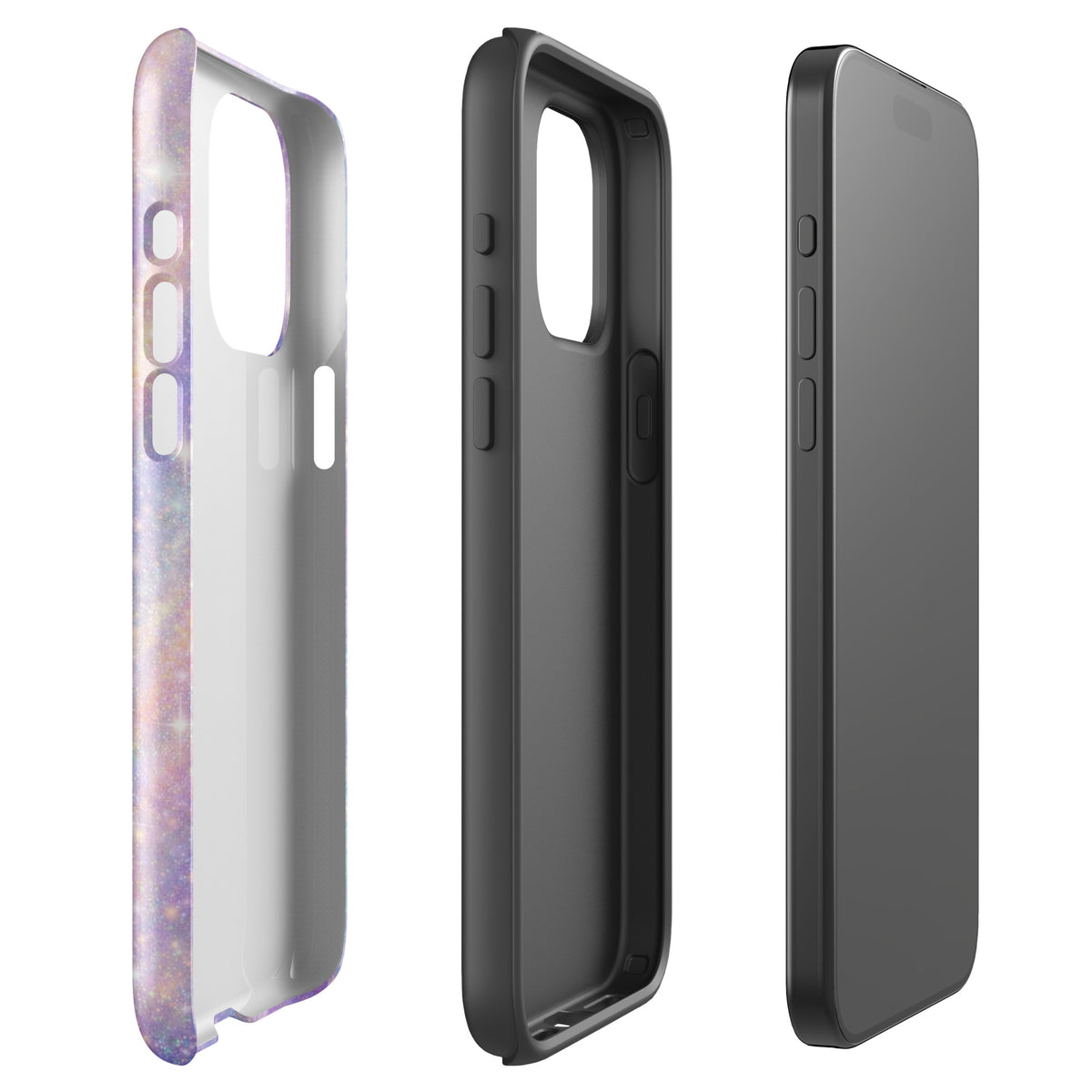 Phone Case for iPhone - Cosmic Dream Swirl design with pastel colors and golden sparkles, showcasing three views of the case.