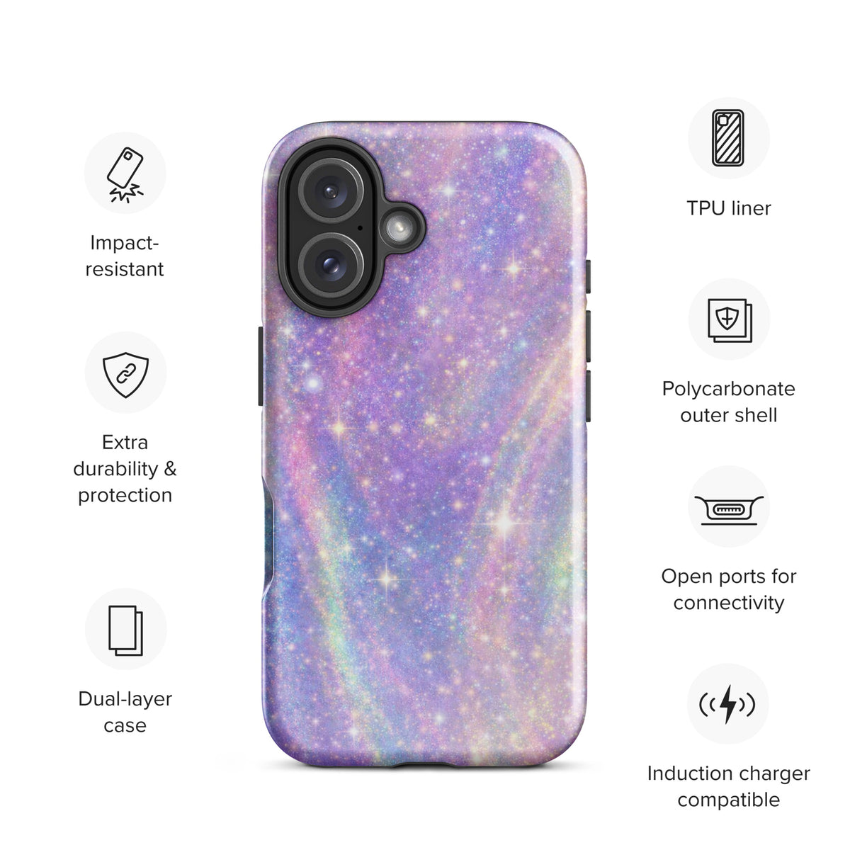 Phone Case for iPhone - Cosmic Dream Swirl with pastel galaxy design, impact-resistant, TPU liner, dual-layer protection, induction compatible.