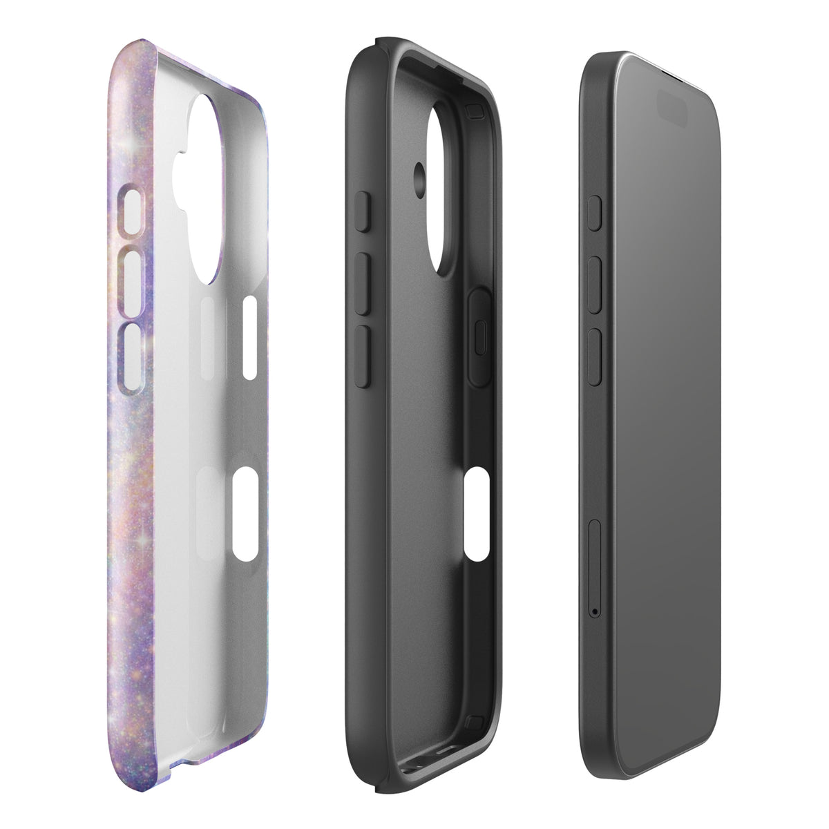 Cosmic Dream Swirl Phone Case for iPhone with pastel galaxy design and golden sparkles shown in three angles.