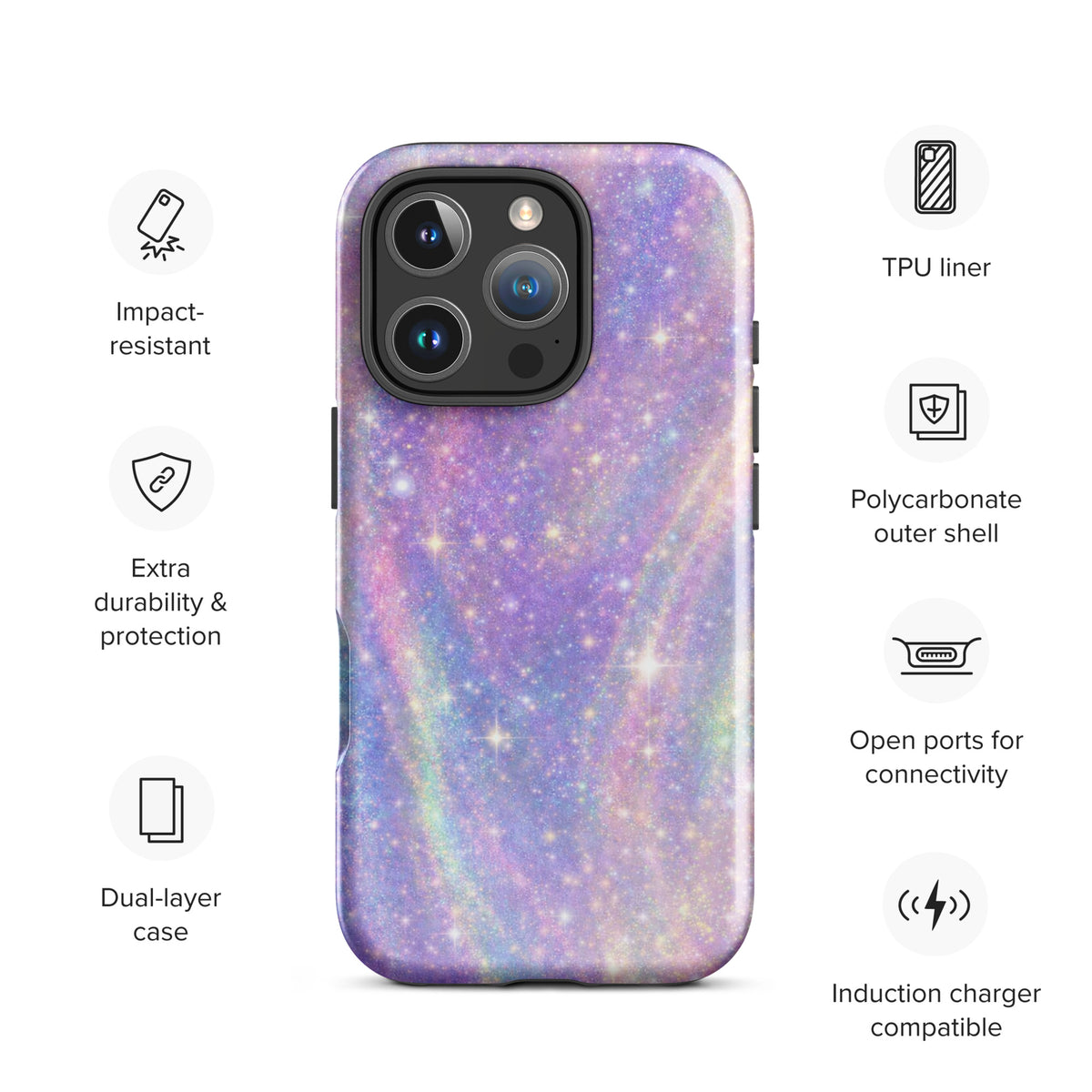 Cosmic Dream Swirl Phone Case for iPhone with pastel galaxy design and features like TPU liner, polycarbonate shell, and dual-layer protection.