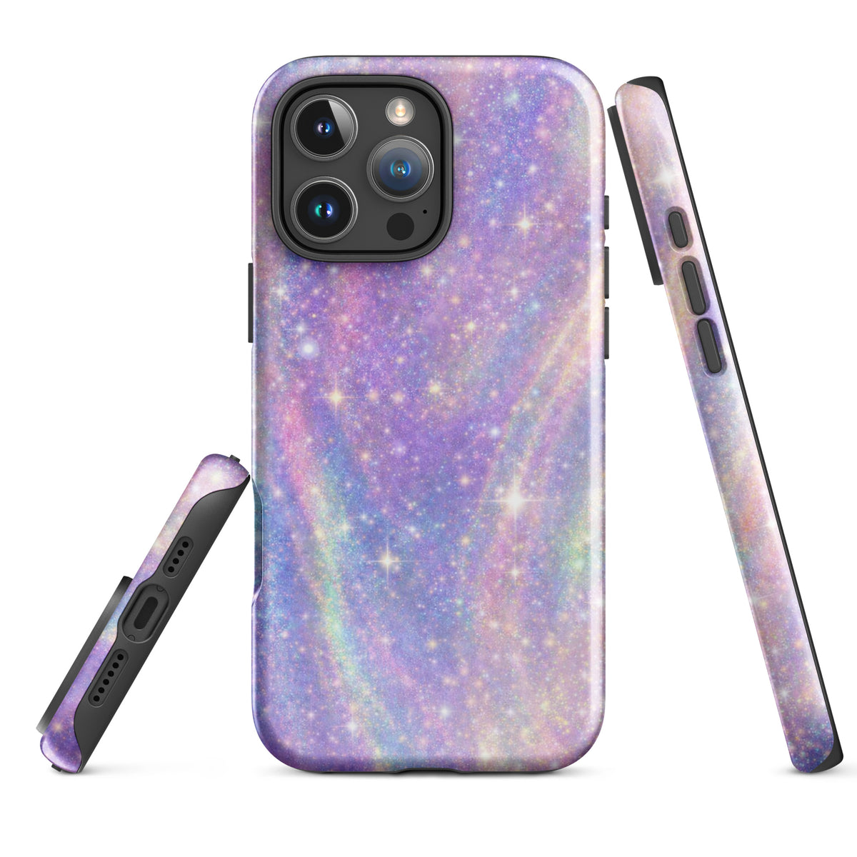 Phone Case for iPhone with Cosmic Dream Swirl design in pastel purples, pinks, blues, and golden sparkles, creating a dreamy galaxy effect.