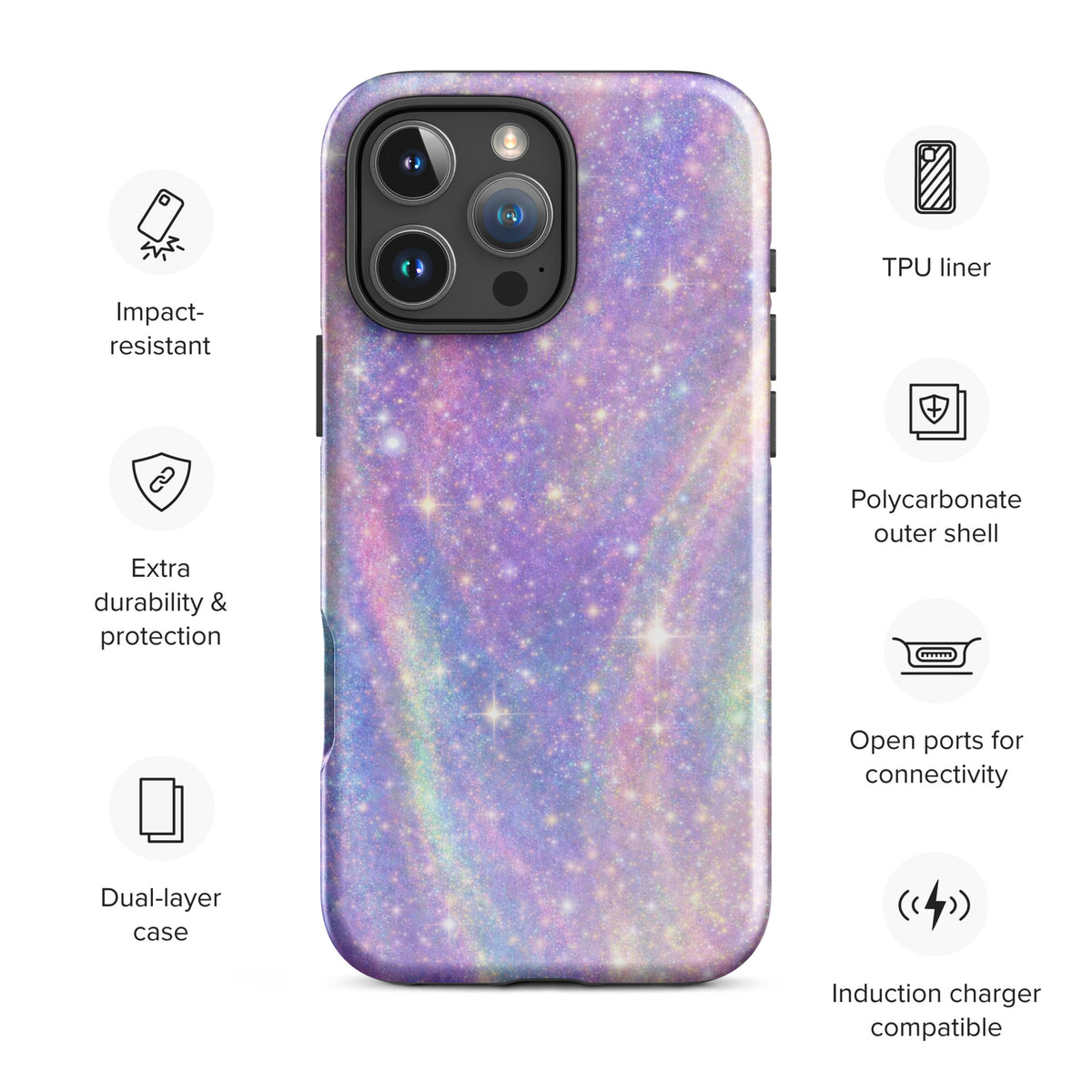 Phone Case for iPhone - Cosmic Dream Swirl in pastel purples and blues with golden sparkles, featuring impact-resistant protection features.