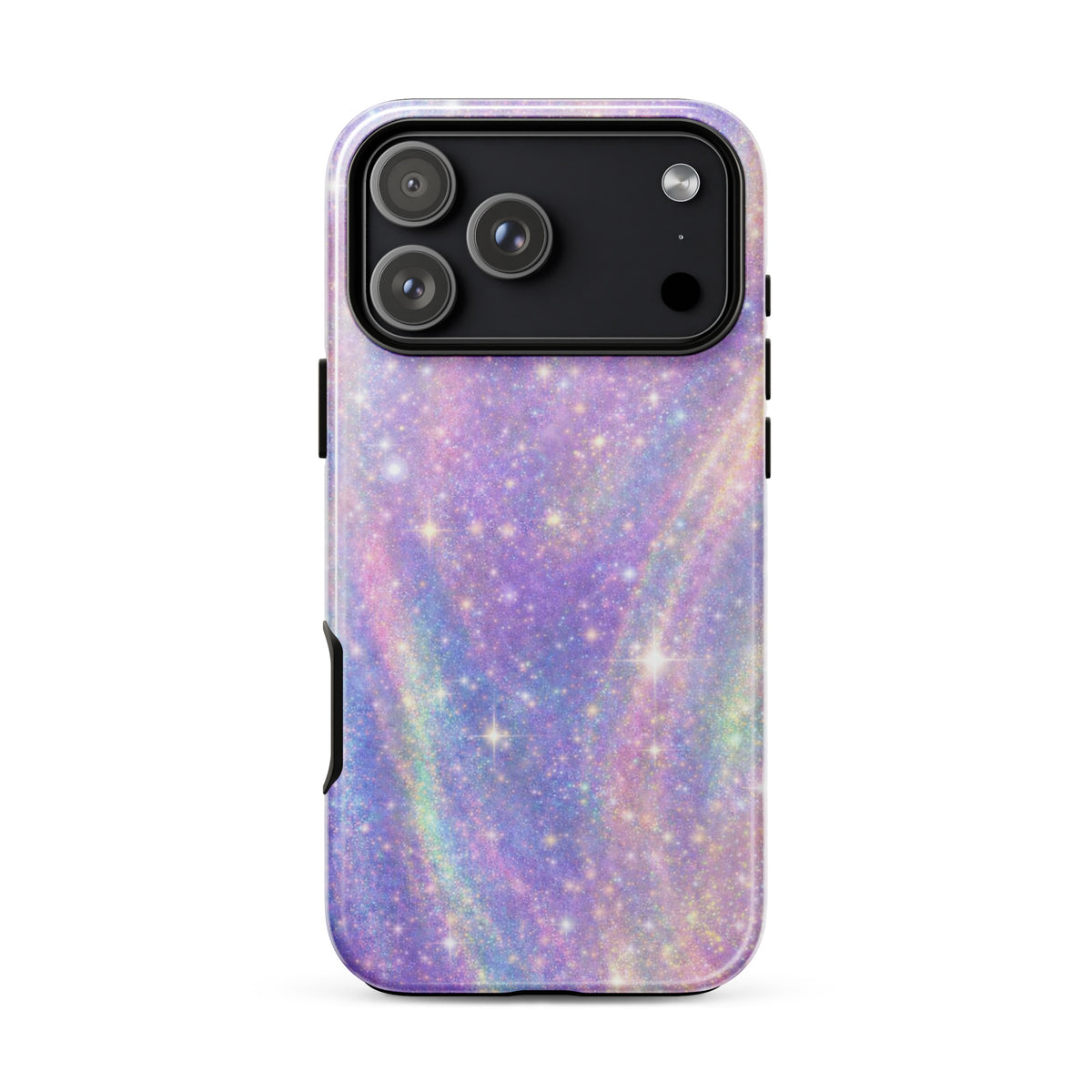 Phone Case for iPhone in Cosmic Dream Swirl design with pastel purple, pink, and blue swirls and golden sparkles.