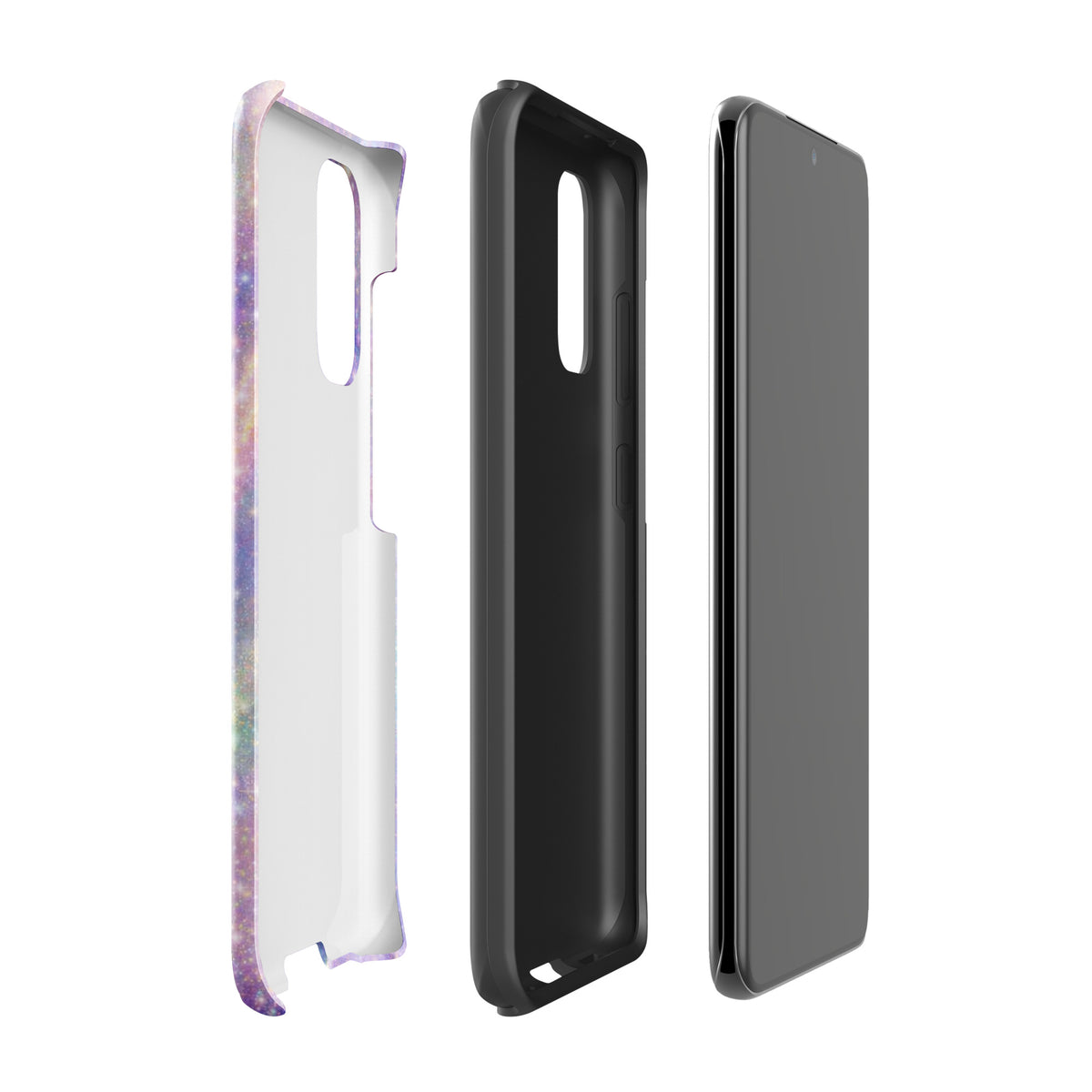 Phone Case for Samsung Galaxy - Cosmic Dream Swirl design with pastel colors and sparkles, shown in three pieces and assembled on phone.