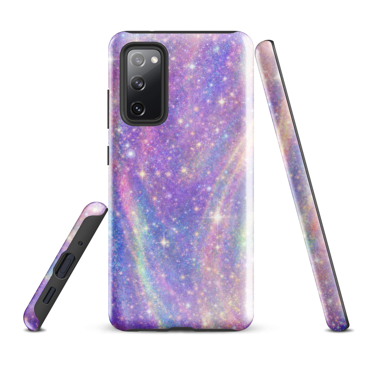 Phone Case for Samsung Galaxy with Cosmic Dream Swirl design in pastel purples, pinks, blues, and golden sparkles, back and side view.