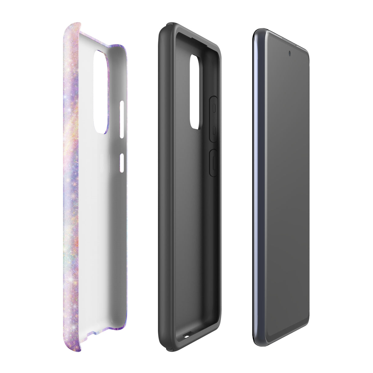 Phone Case for Samsung Galaxy with Cosmic Dream Swirl design in pastel colors and sparkles, shown disassembled.