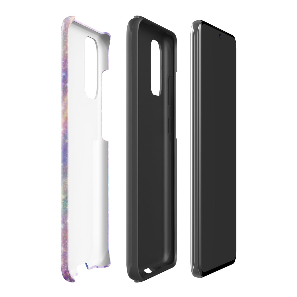 Phone Case for Samsung Galaxy featuring a cosmic design with pastel purples, pinks, blues, and golden sparkles, displayed partially disassembled.