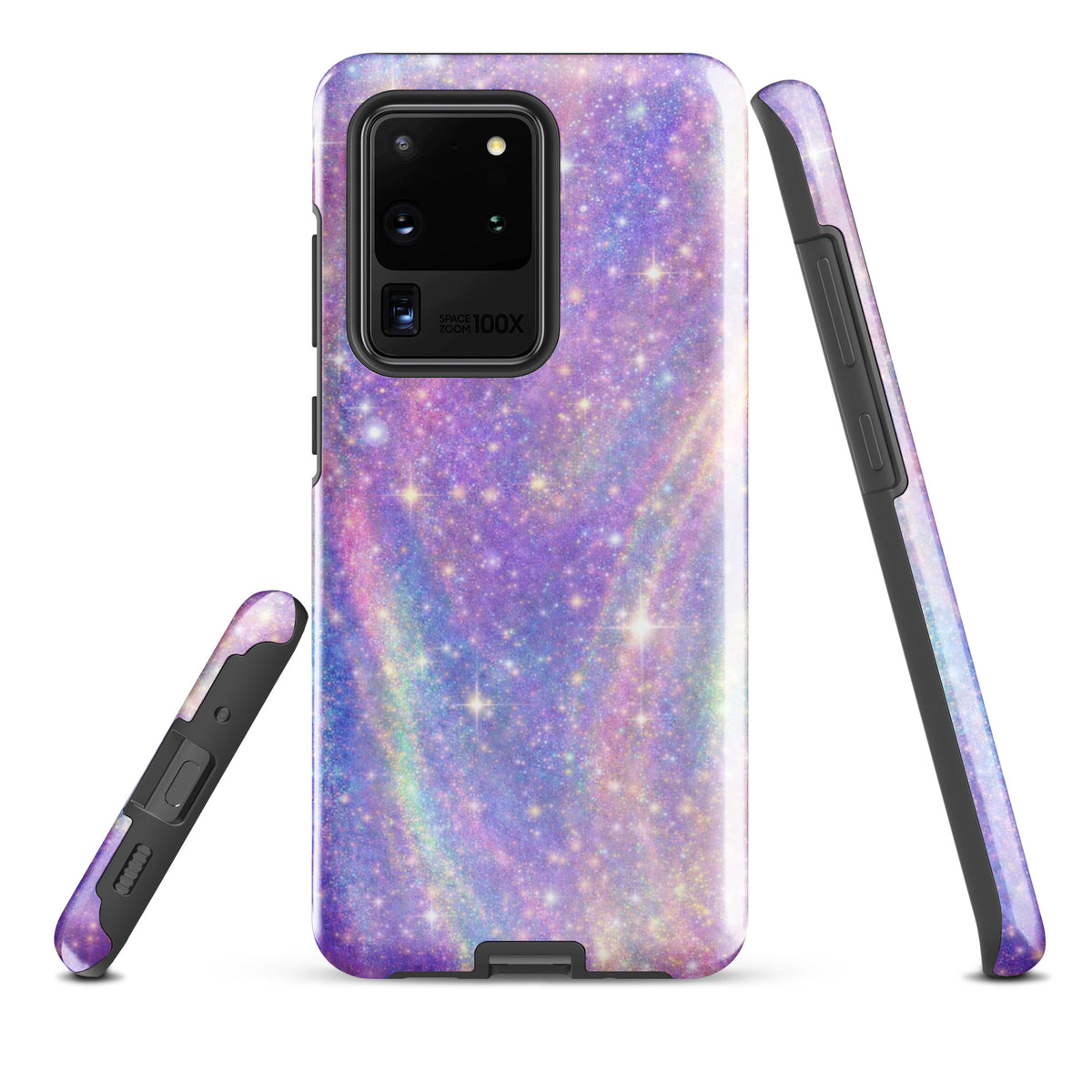 Phone Case for Samsung Galaxy with cosmic dream swirl in pastel purples, pinks, blues, and golden sparkles.
