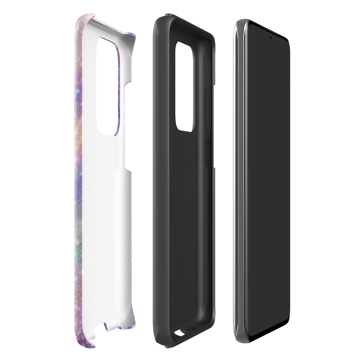 Phone Case for Samsung Galaxy - Cosmic Dream Swirl, showcasing pastel purple, pink, blue hues and golden sparkles in three parts.