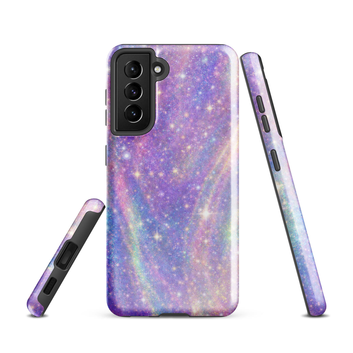 Phone Case for Samsung Galaxy with cosmic dream swirl design in pastel purples, pinks, blues, and golden sparkles.