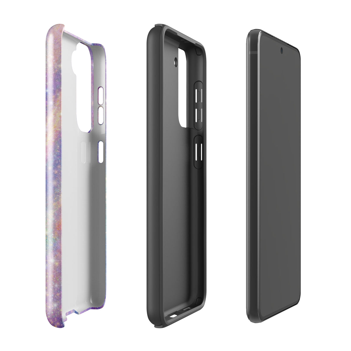 Phone Case for Samsung Galaxy - Cosmic Dream Swirl design in pastels and sparkles, showcasing front and back views.