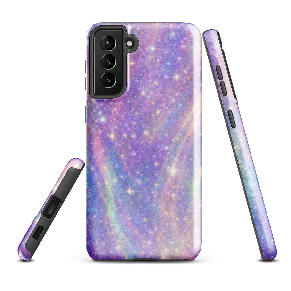 Cosmic Dream Swirl Phone Case for Samsung Galaxy in pastel purples, pinks, blues, and soft golden sparkles, galaxy design