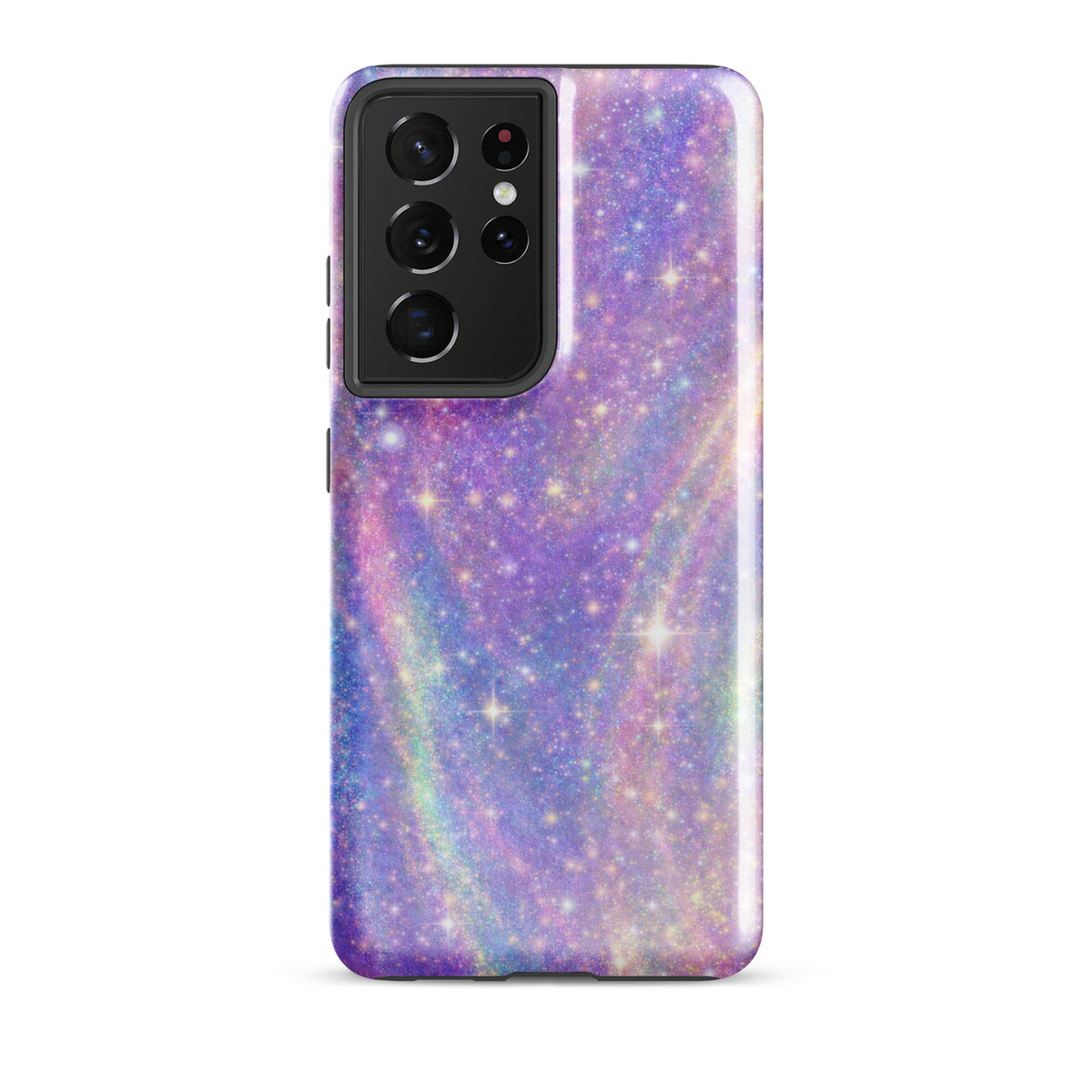 Phone Case for Samsung Galaxy with cosmic swirl in pastel purples, pinks, blues, and golden sparkles. Vibrant and dreamy design.
