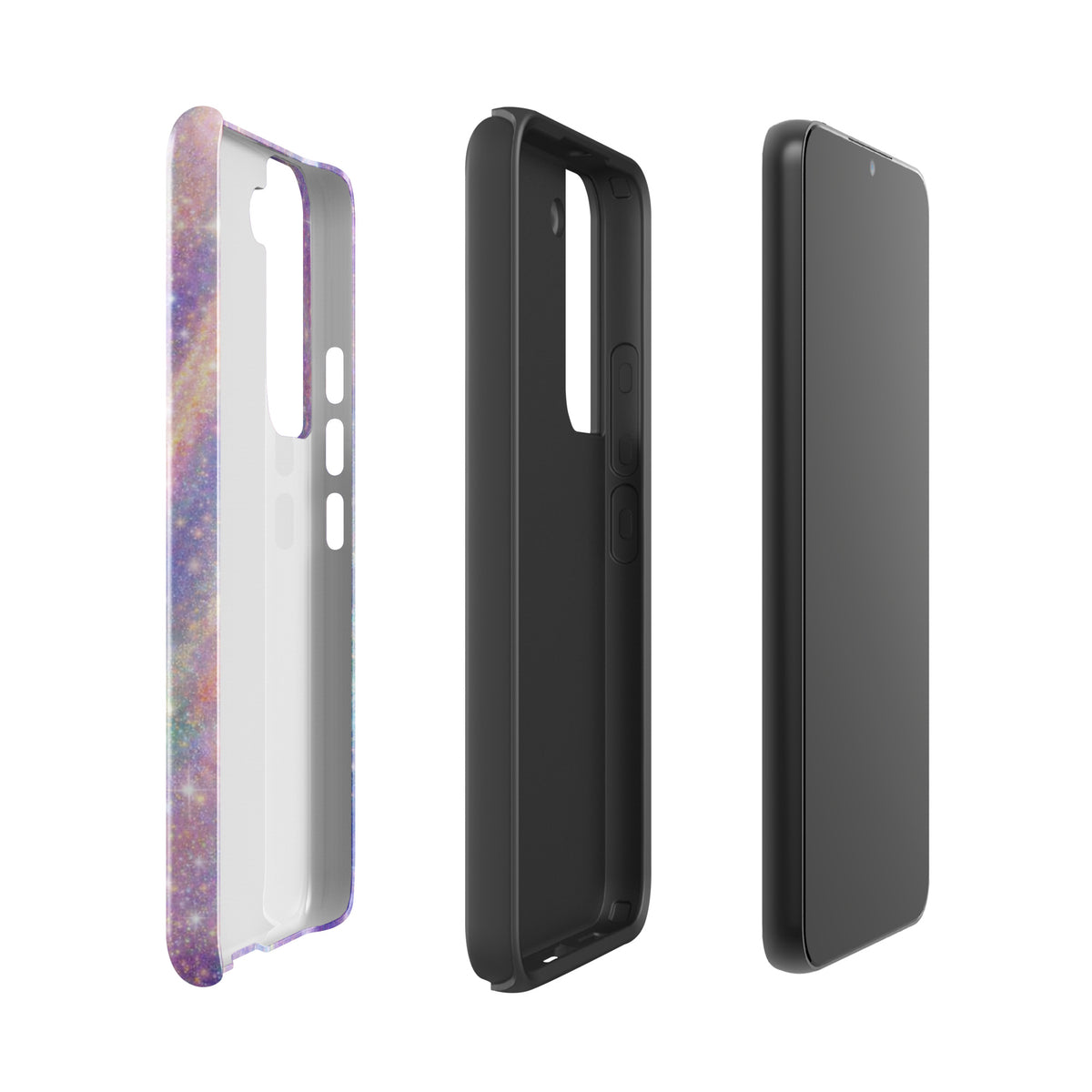 Phone Case for Samsung Galaxy with Cosmic Dream Swirl design in purple, pink, blue, and golden colors, showing different angles.
