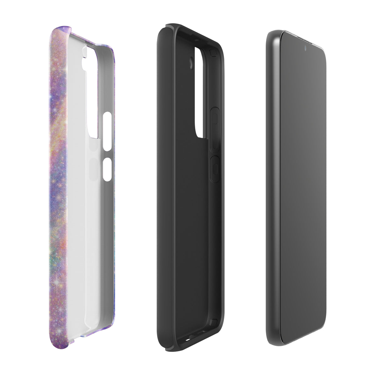 Phone Case for Samsung Galaxy - Cosmic Dream Swirl design with pastel purples, pinks, blues, and golden sparkles, shown from side view.