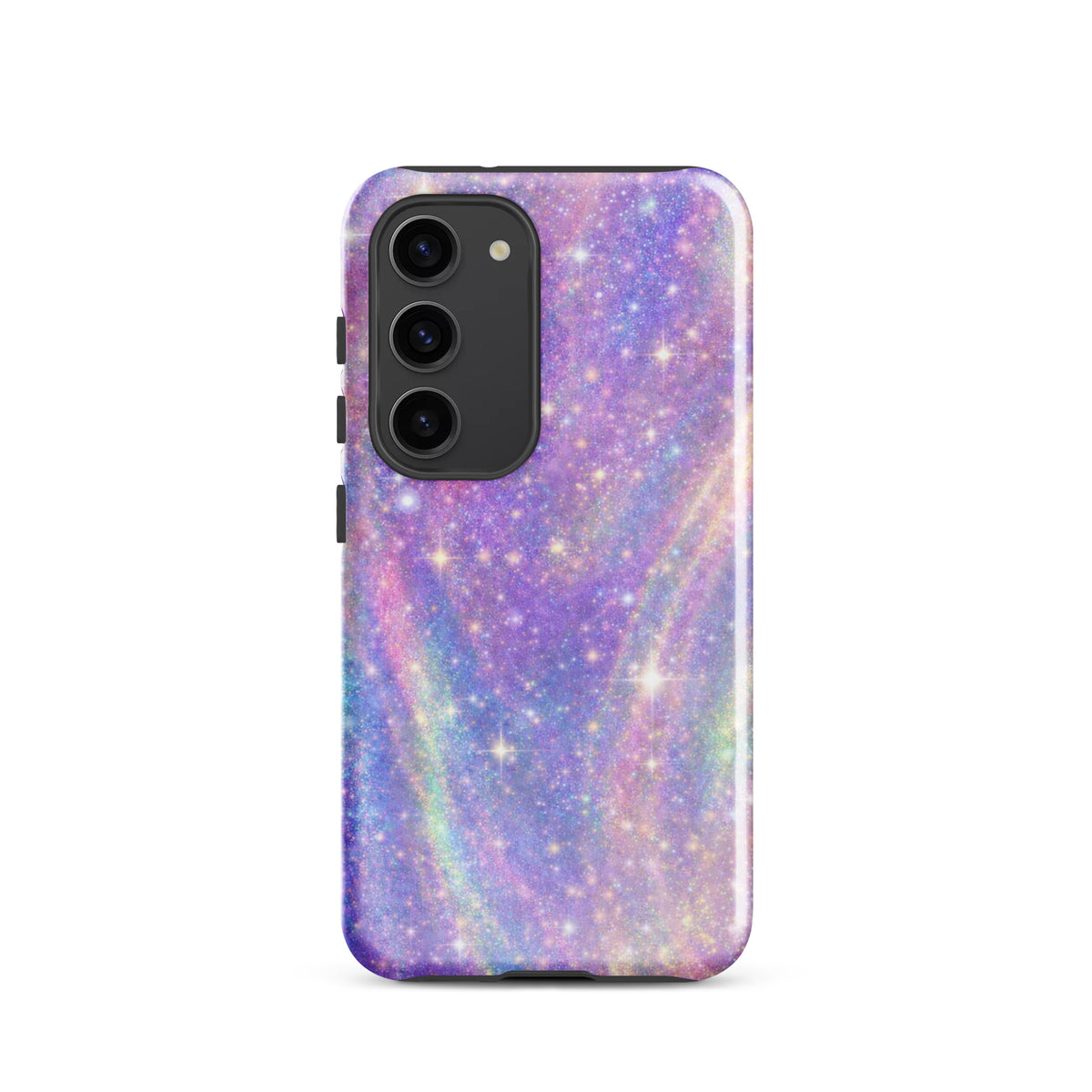 Phone Case for Samsung Galaxy in Cosmic Dream Swirl design with pastel purples, pinks, blues, and golden sparkles.