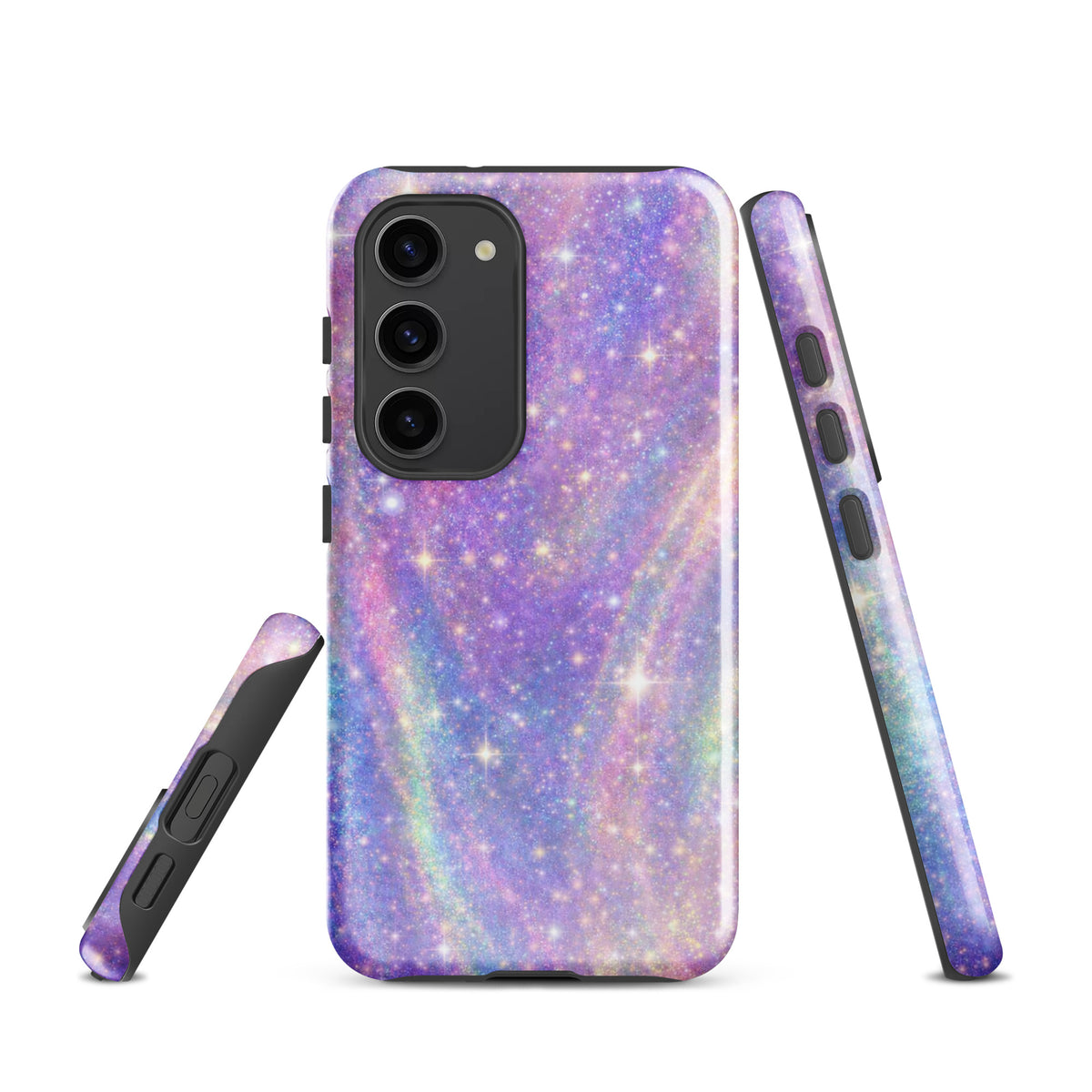 Phone Case for Samsung Galaxy with cosmic swirl design in pastel purples, pinks, blues, and golden sparkles.