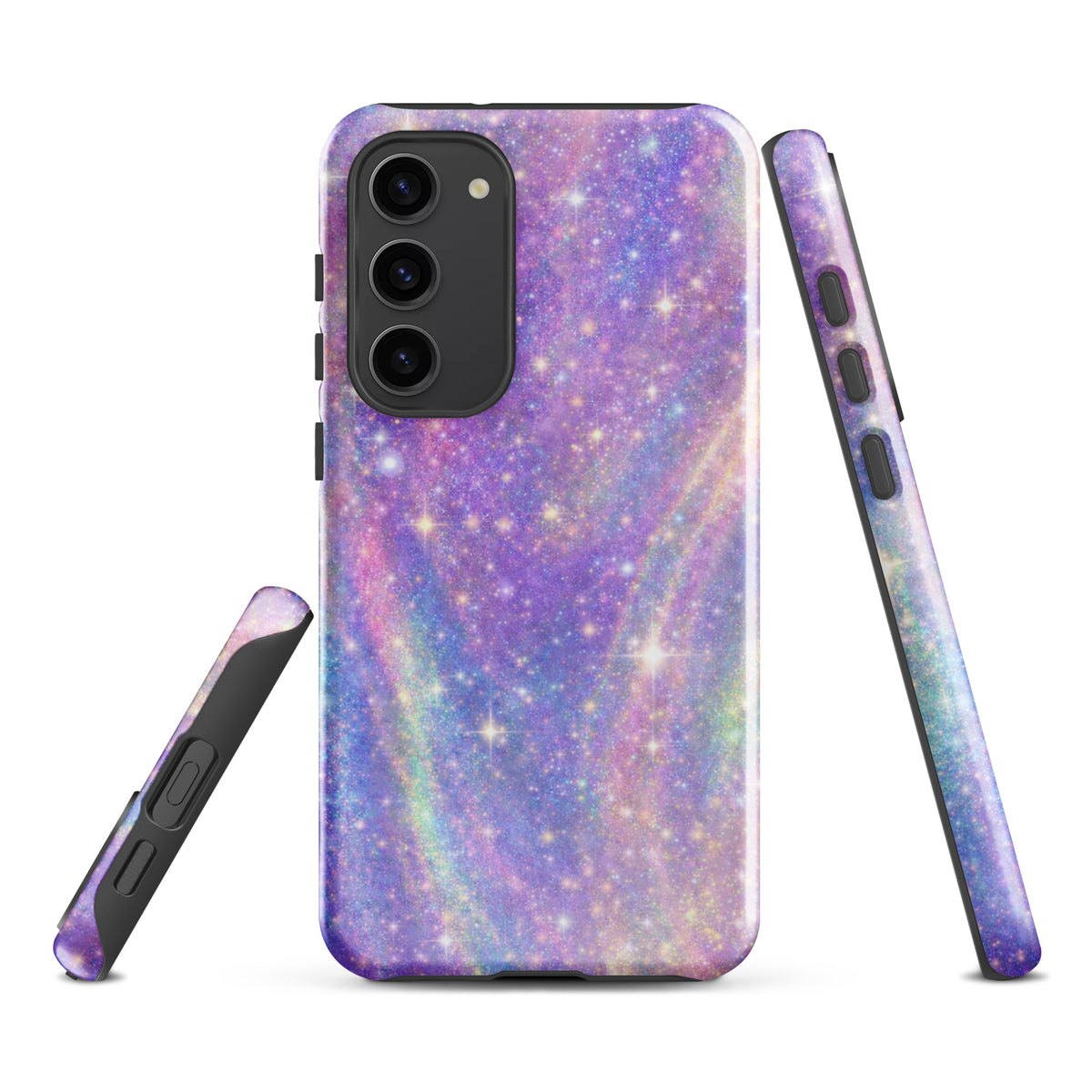 Phone Case for Samsung Galaxy in Cosmic Dream Swirl design with pastel purples, pinks, blues, and golden sparkles.