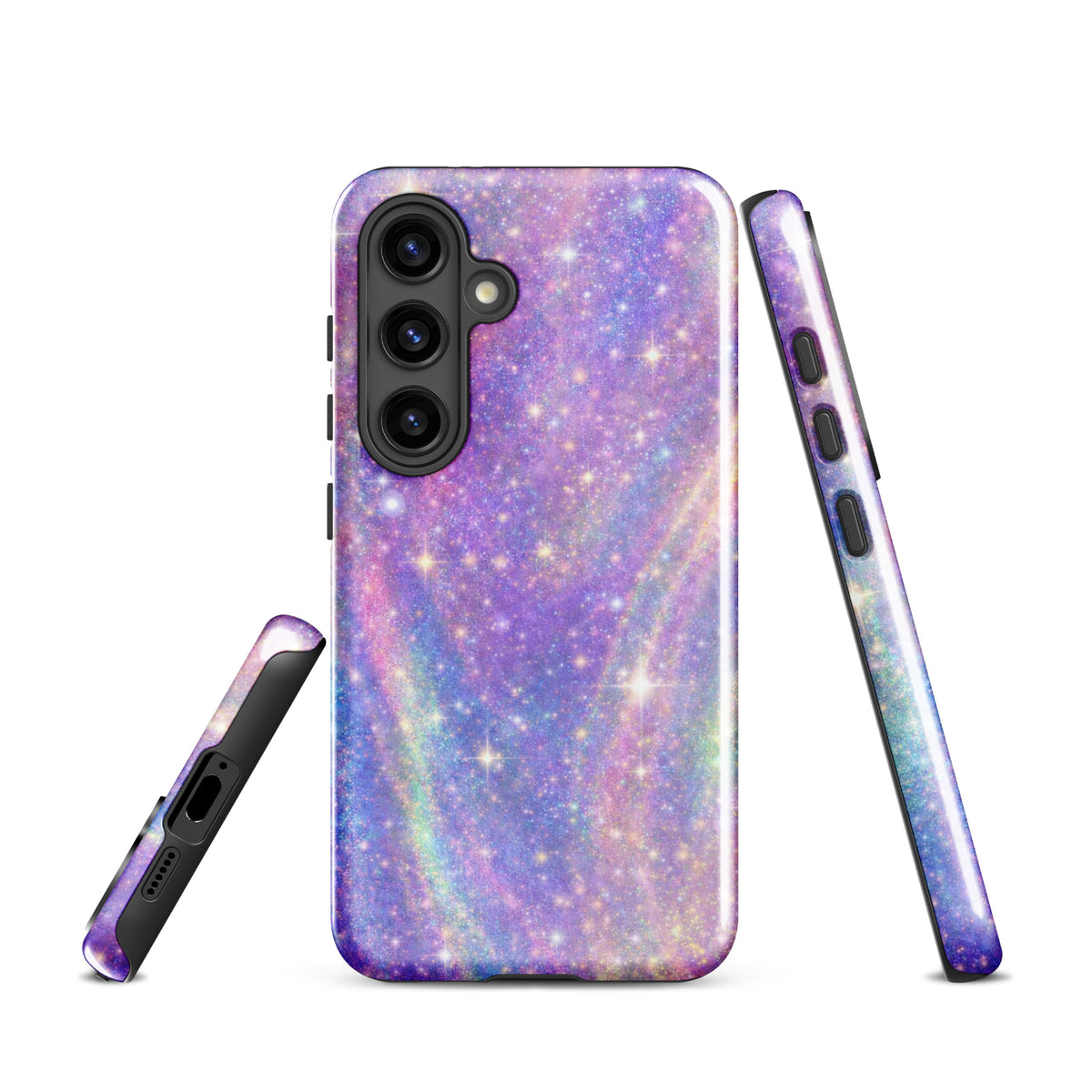 Phone Case for Samsung Galaxy featuring Cosmic Dream Swirl design with pastel purples, pinks, blues, and golden sparkles.