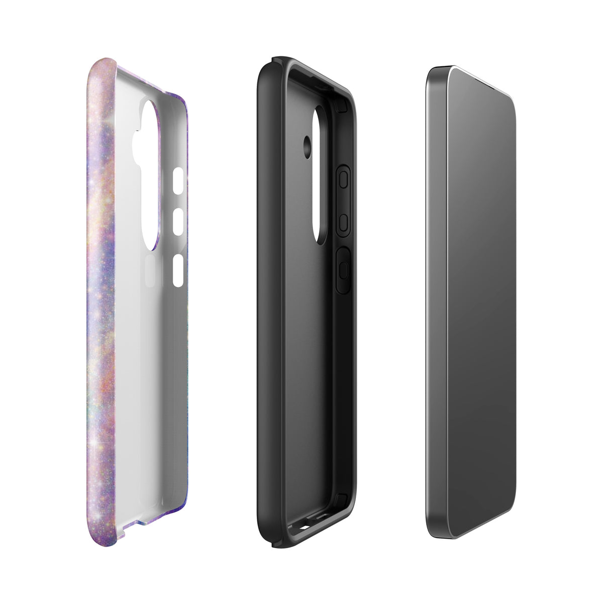 Cosmic Dream Swirl Phone Case for Samsung Galaxy in pastel purples, pinks, blues, and golden sparkles, shown in assembly parts.