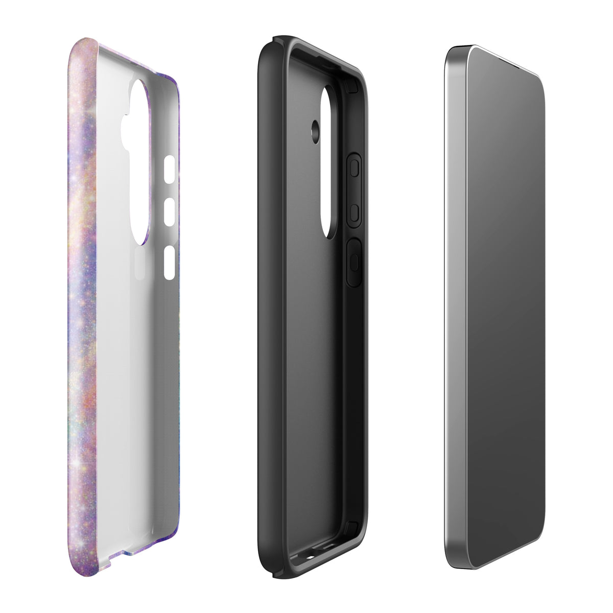 Phone Case for Samsung Galaxy with Cosmic Dream Swirl design in pastel purples, pinks, blues, and golden sparkles, shown at multiple angles.