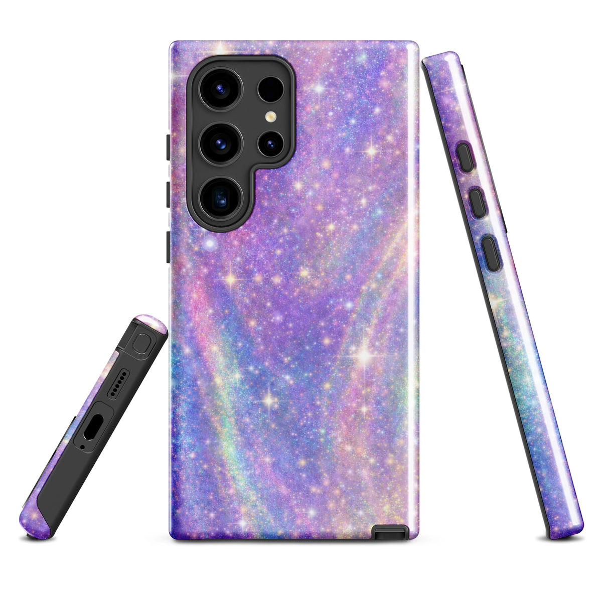 Phone Case for Samsung Galaxy with cosmic dream swirl design in pastel purple, pink, blue, and golden sparkles.