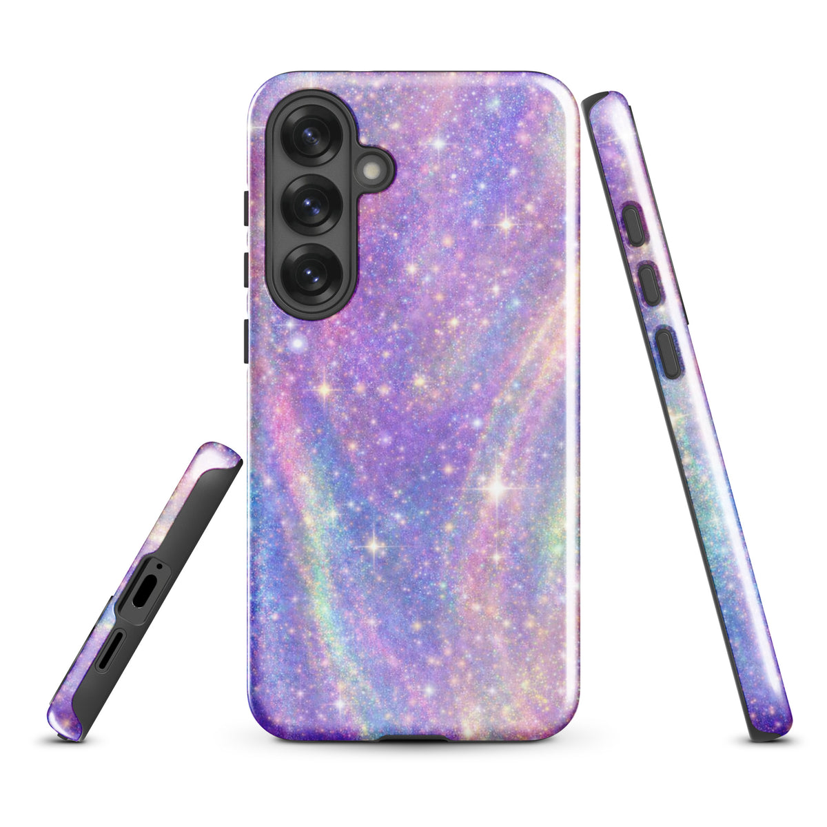 Phone Case for Samsung Galaxy with cosmic dream swirl design in pastel purples and gold sparkles