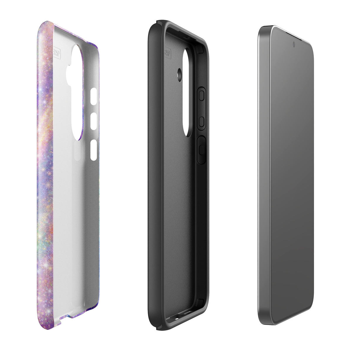 Phone Case for Samsung Galaxy with cosmic dream swirl pastel and golden design, showing front, side, and inside views.
