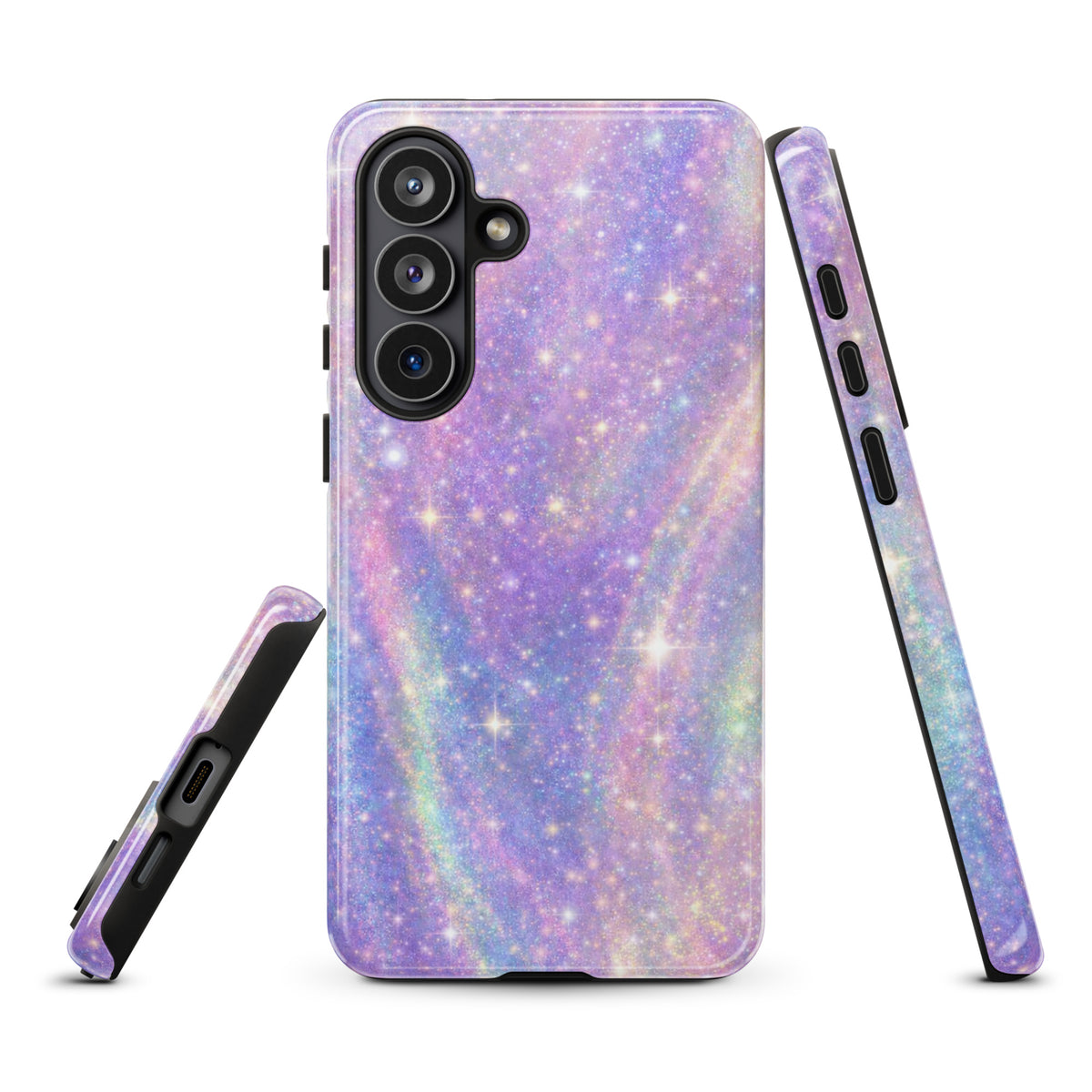 Colorful Phone Case for Samsung Galaxy with cosmic dream swirl design in pastel purples, pinks, blues, and golden sparkles.