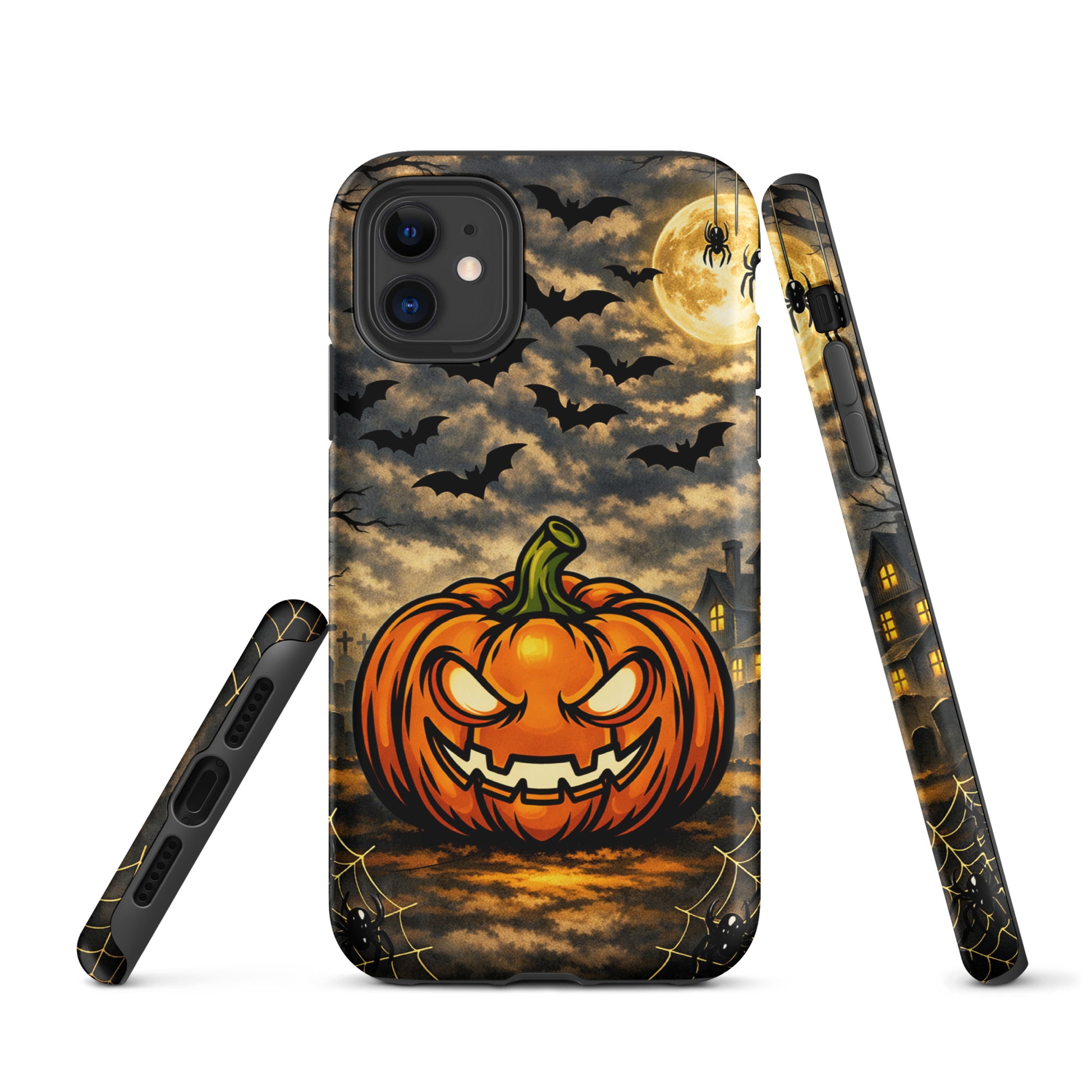 Phone Case for iPhone with Haunted Pumpkin Moonlit Halloween Scene, featuring jack‑o’-lantern, bats, and haunted house design.