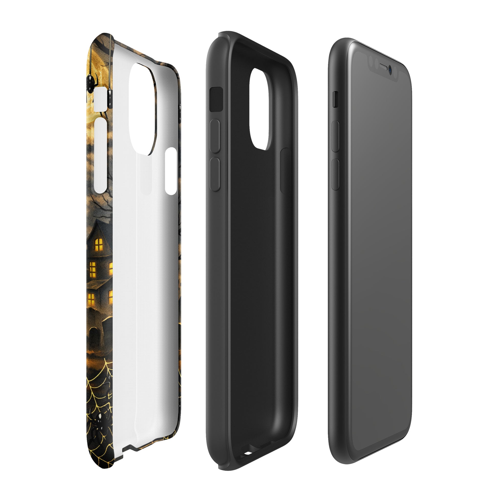 Phone Case for iPhone with haunted pumpkin Halloween scene featuring jack-o'-lantern, bats, and moonlit clouds.
