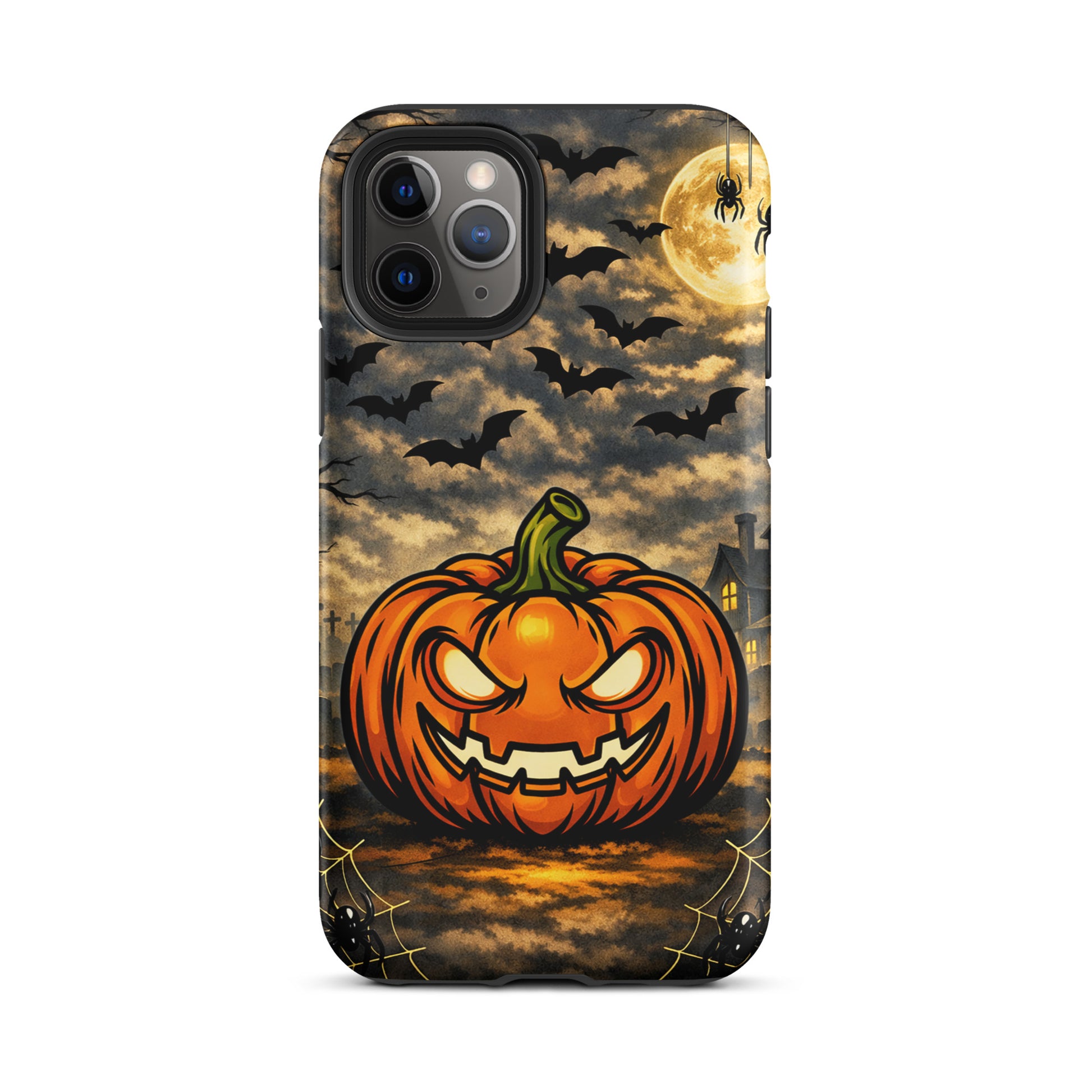 Phone Case for iPhone with Halloween scene featuring jack-o’-lantern, bats, moon, and haunted house. Spooky phone case design.